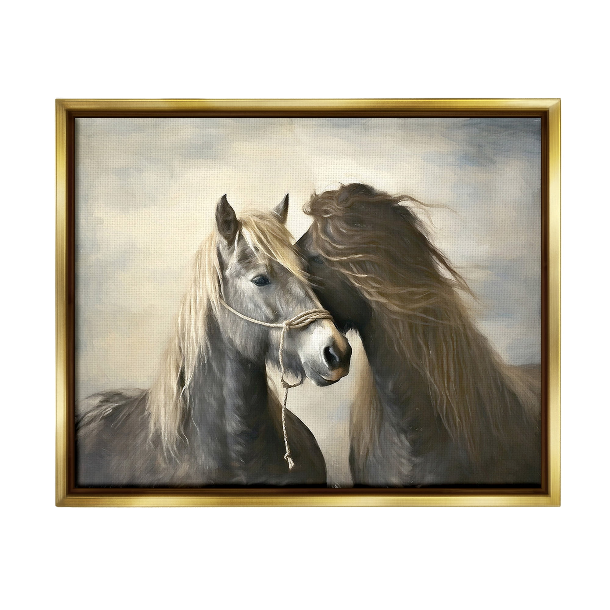 Stupell Industries Traditional Hugging Horses Animals & Insects Painting Gold Floater Framed Canvas Art Print Wall Art, 31 x 25