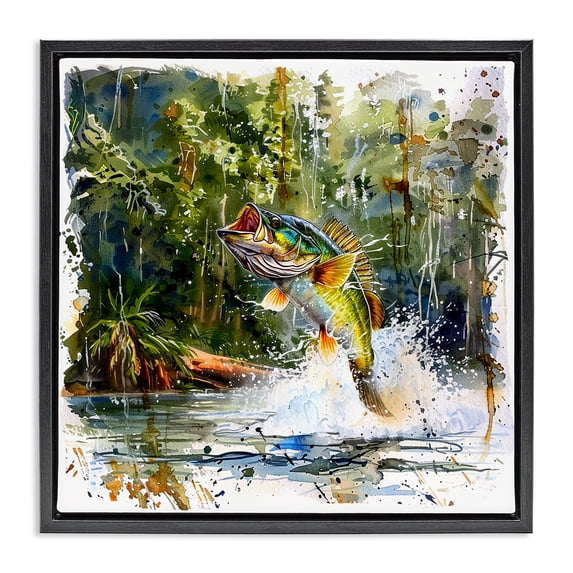 Stupell Industries Traditional Jumping Bass Splash Black Floating Frame Canvas Art, 18 x 18, by LSR Design Studio