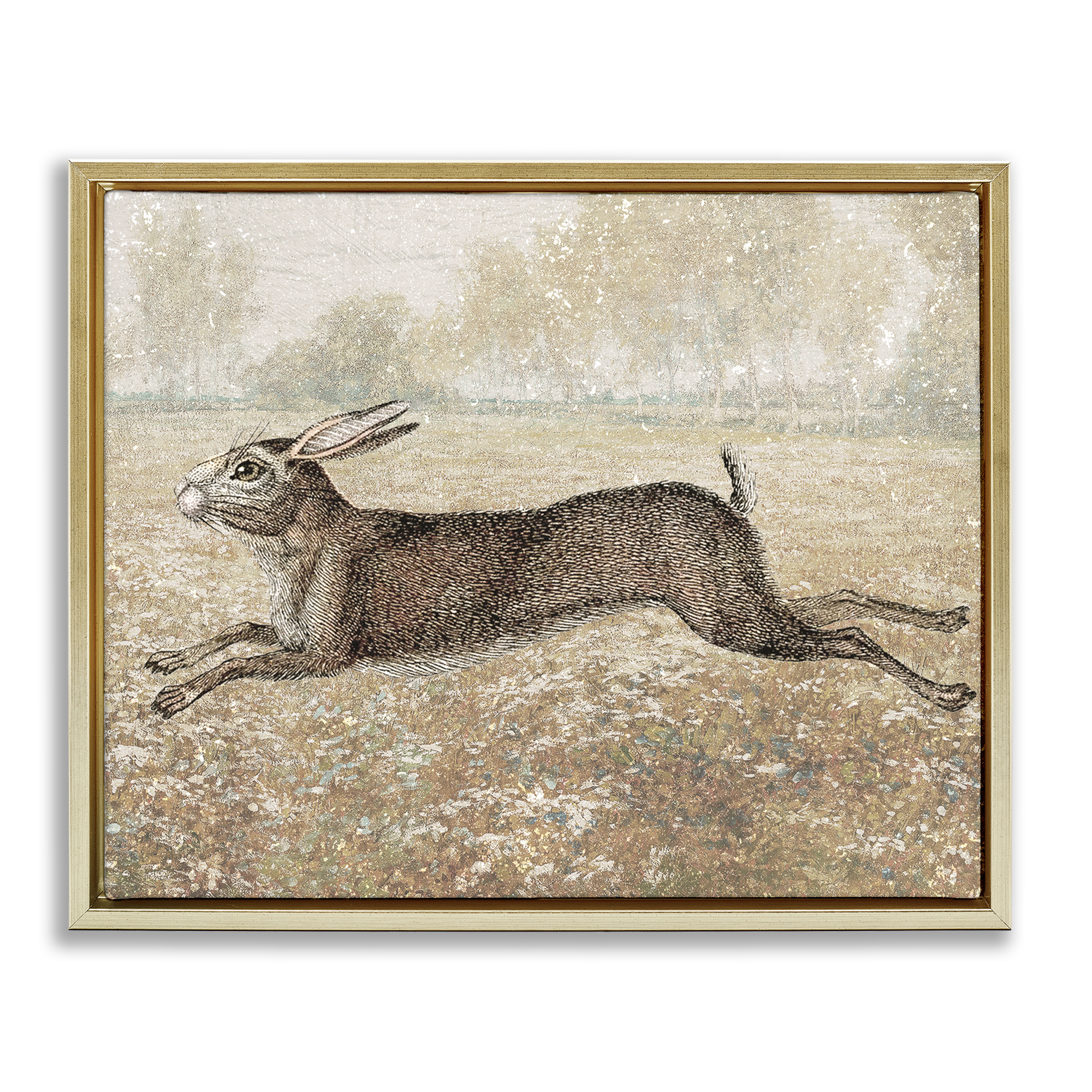 Stupell Industries Traditional Jumping Hare Landscape & Nature Painting Gold Floater Framed Canvas Art Print Wall Art, 31 x 25