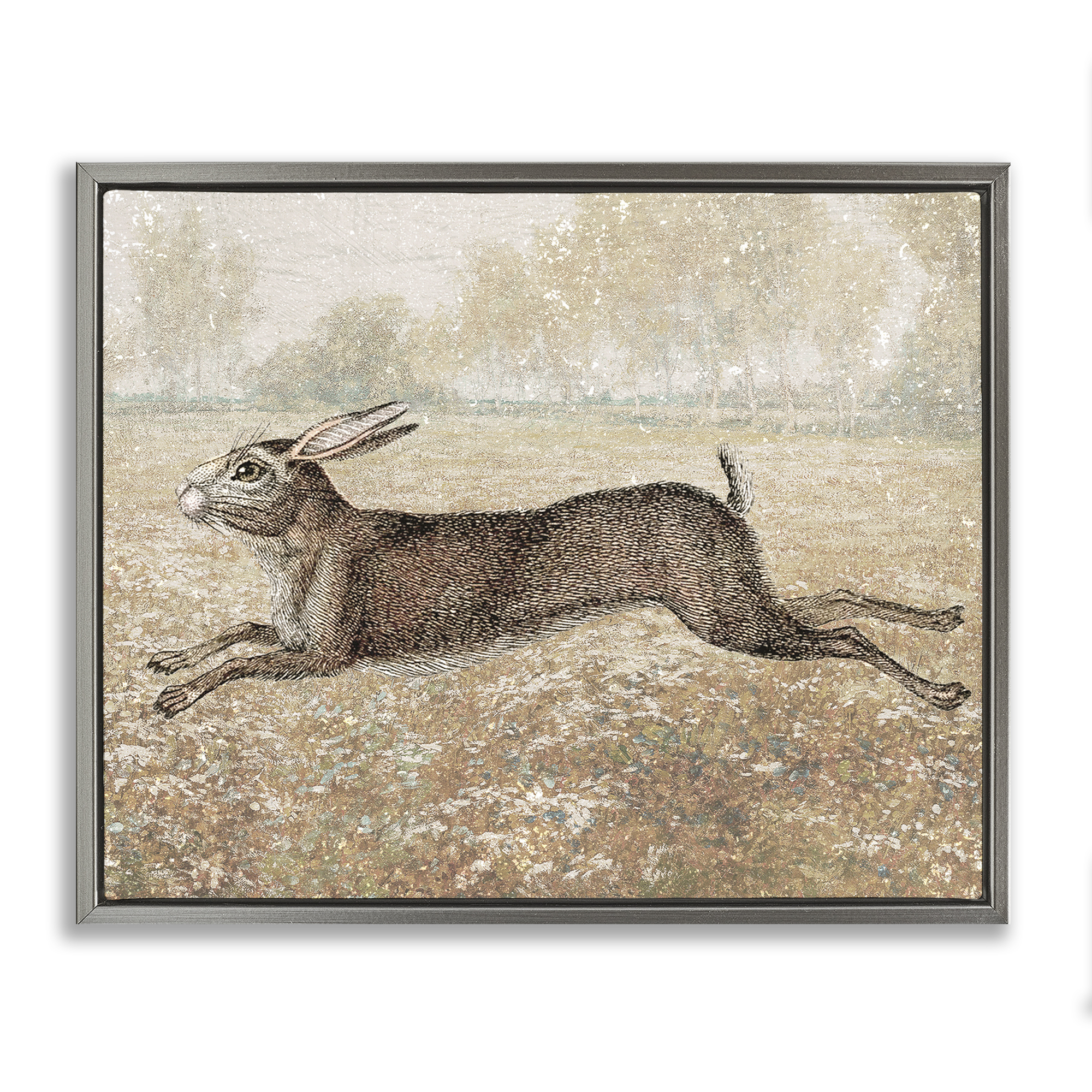 Stupell Industries Traditional Jumping Hare Landscape & Nature Painting Gray Floater Framed Canvas Art Print Wall Art, 21 x 17