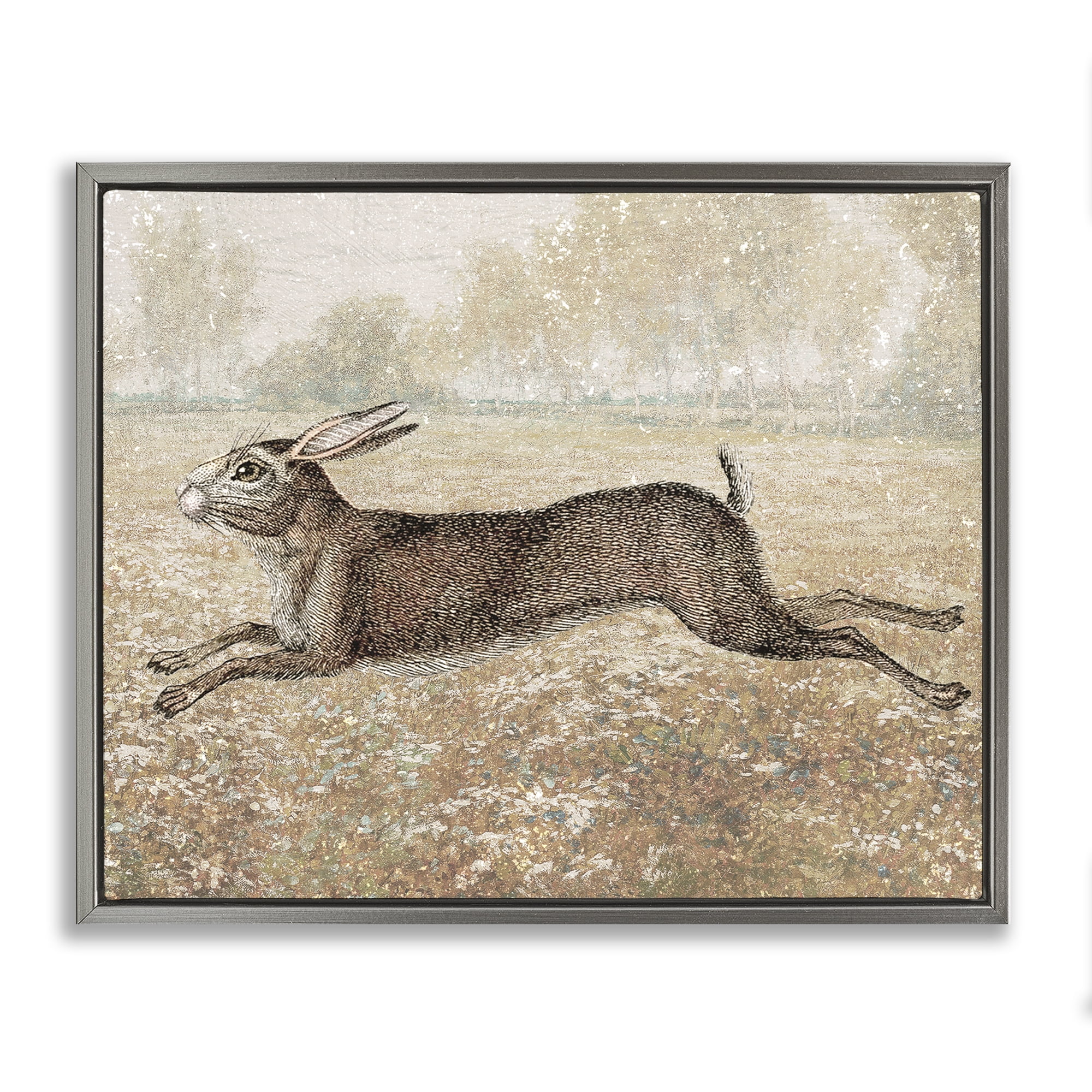 Stupell Industries Traditional Jumping Hare Landscape & Nature Painting Gray Floater Framed Canvas Art Print Wall Art, 31 x 25