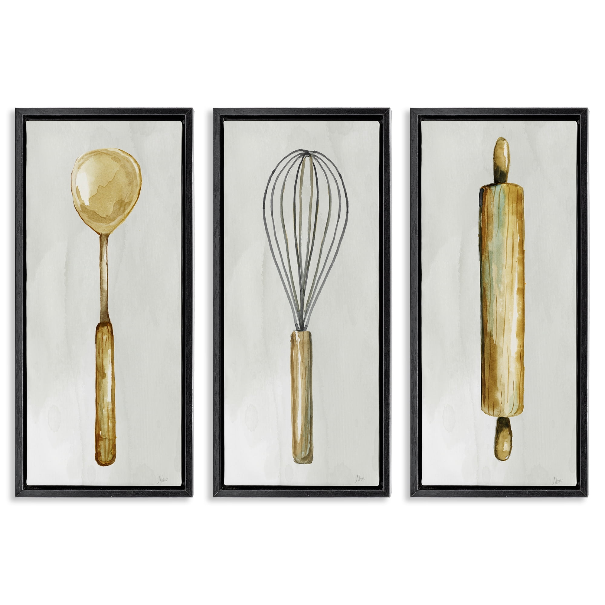 Stupell Industries Traditional Kitchen Utensils Food & Beverage Painting Black Floater Framed Canvas Art Print Wall Art, 11 x 25, Set of 3