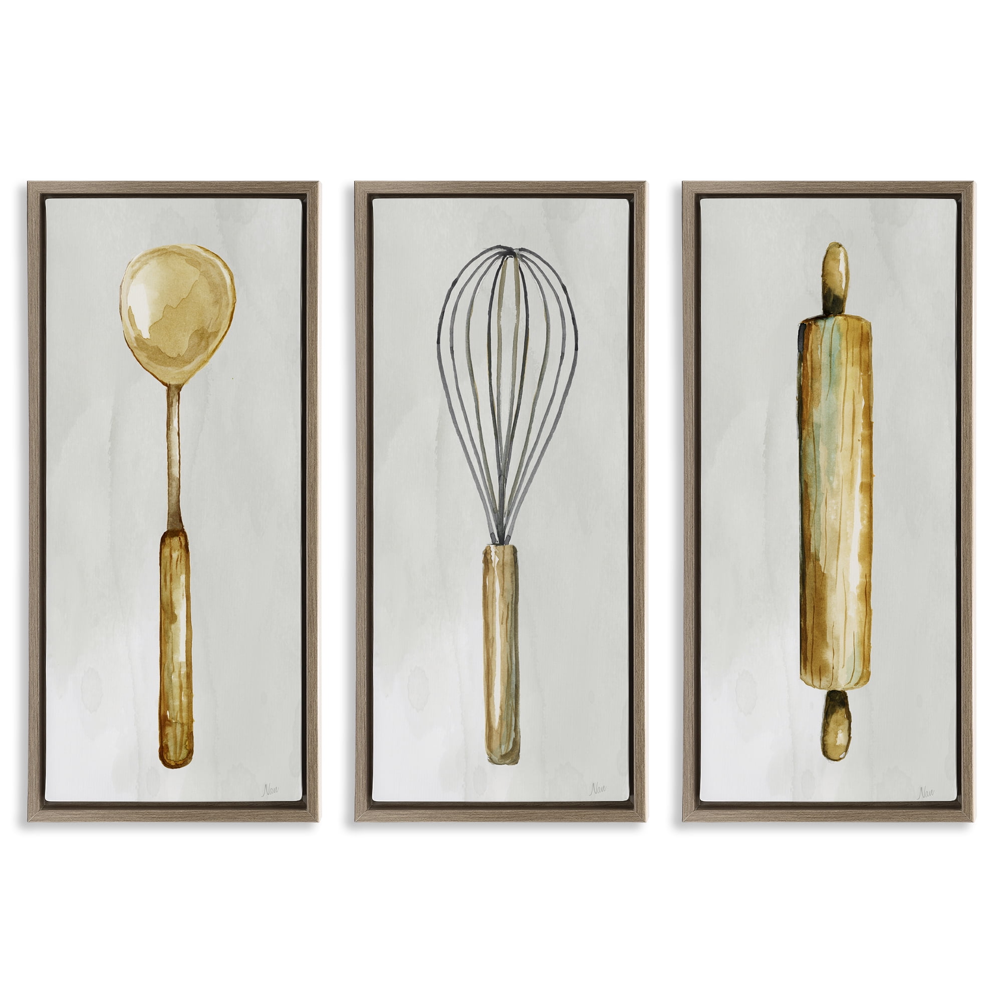 Stupell Industries Traditional Kitchen Utensils Food & Beverage Painting Brown Floater Framed Canvas Art Print Wall Art, 11 x 25, Set of 3