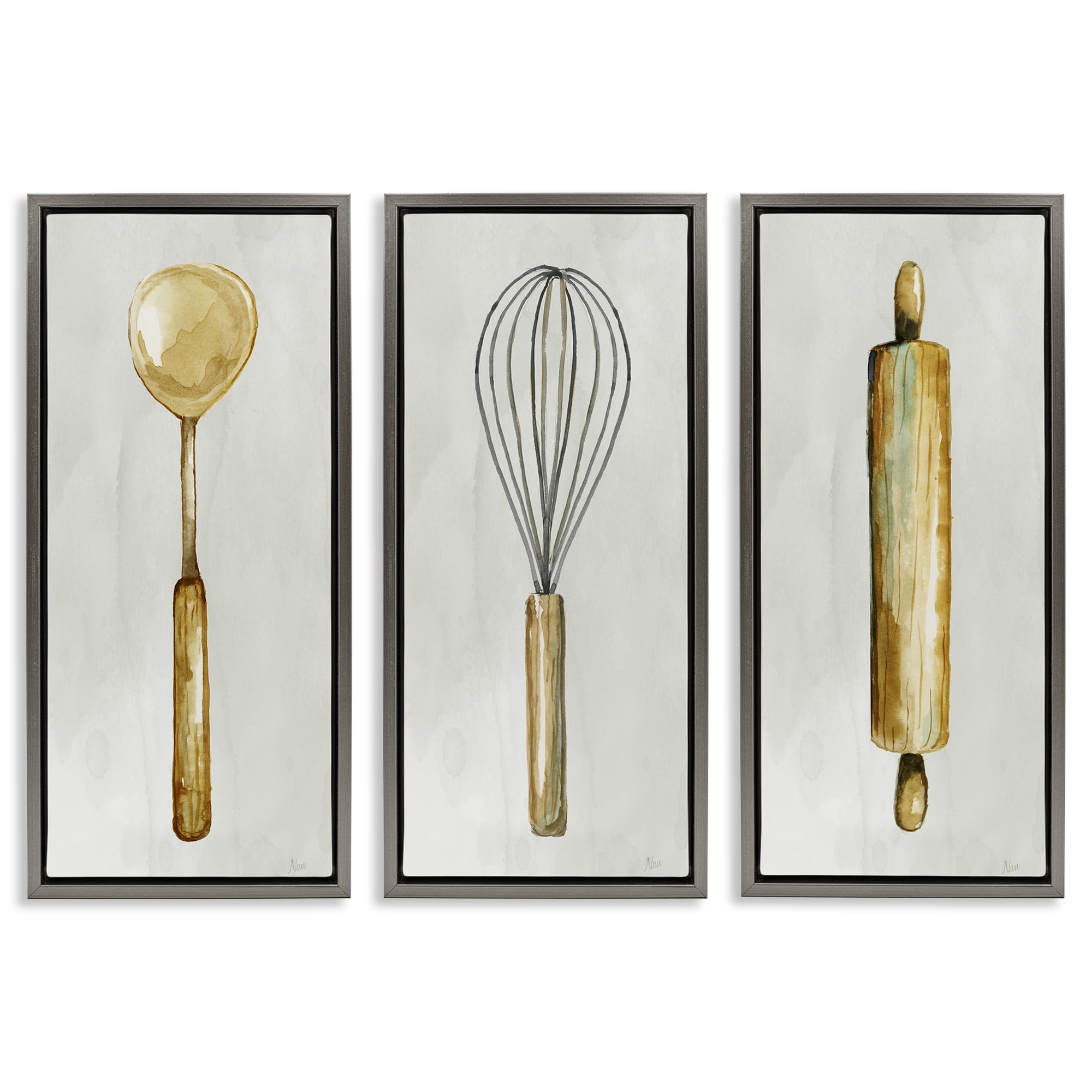 Stupell Industries Traditional Kitchen Utensils Food & Beverage Painting Gray Floater Framed Canvas Art Print Wall Art, 11 x 25, Set of 3