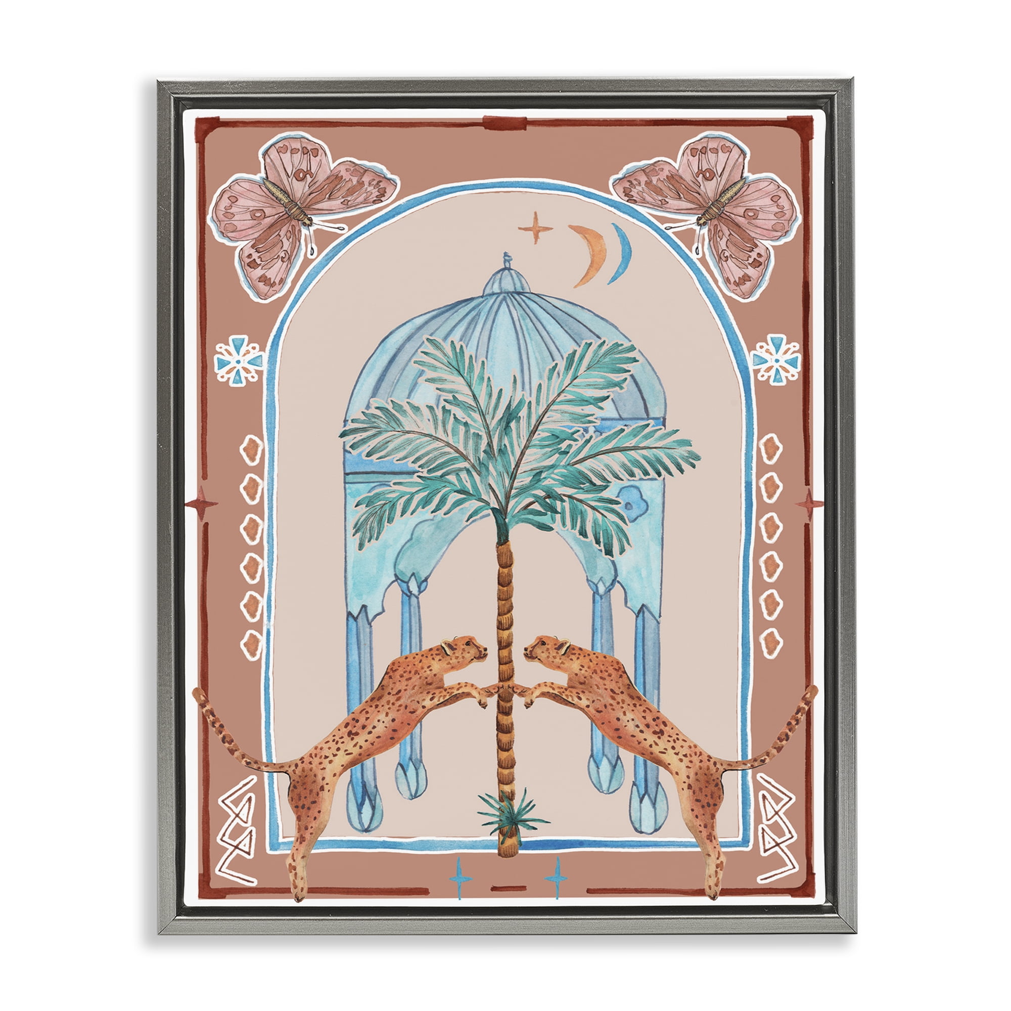 Stupell Industries Traditional Leopards & Palm Tree Animals & Insects Painting Gray Floater Framed Canvas Art Print Wall Art, 17 x 21