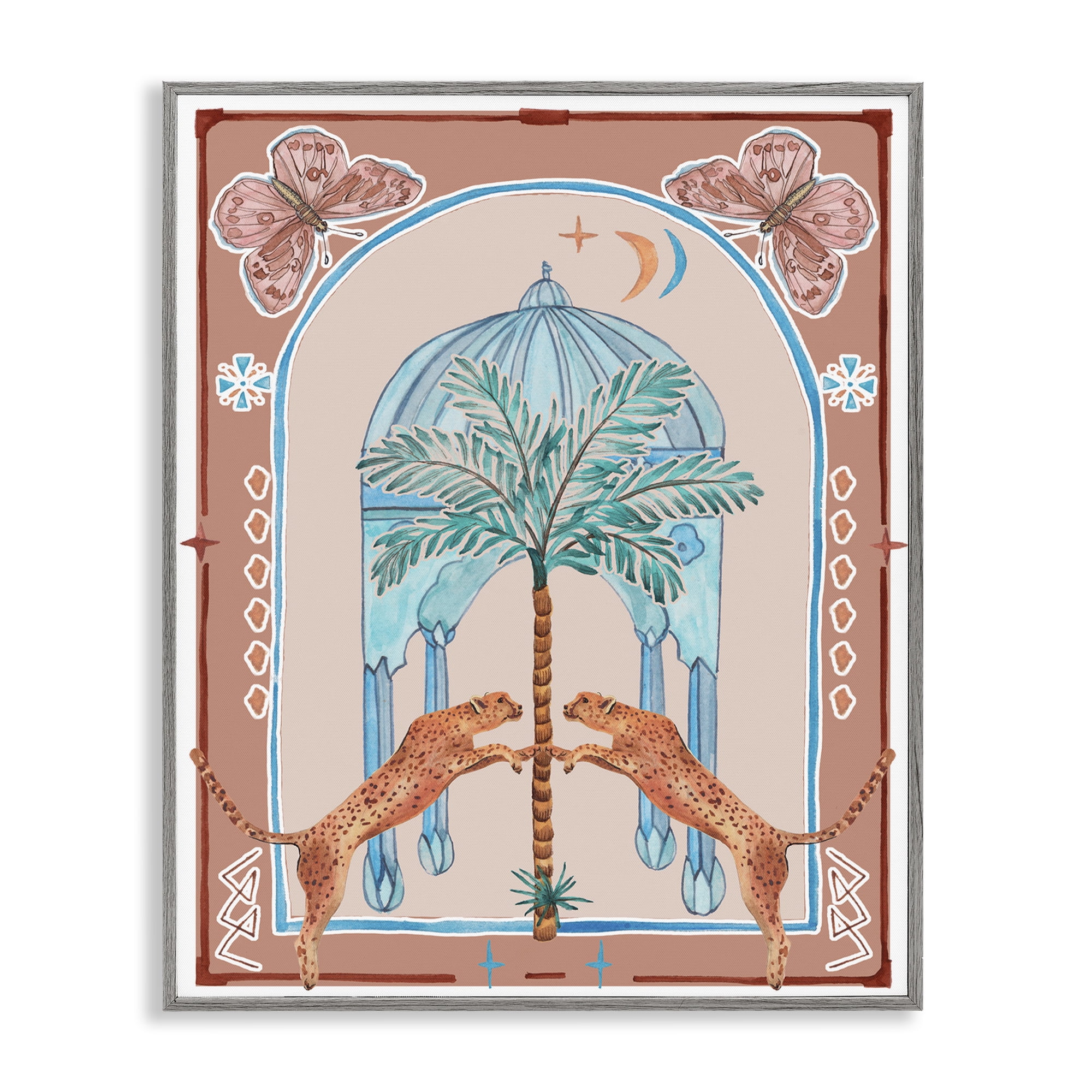 Stupell Industries Traditional Leopards & Palm Tree Animals & Insects Painting Gray Framed Art Print Wall Art, 16 x 20