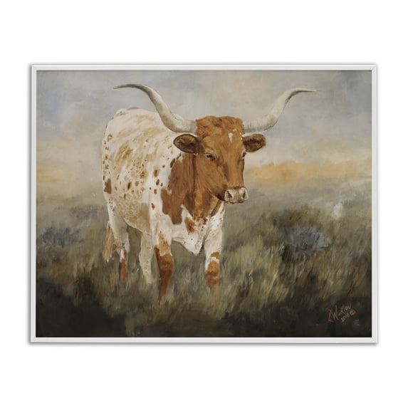 Stupell Industries Traditional Longhorn Cattle Grazing White Framed Giclee Art, 14 x 11, by Kathy Winkler