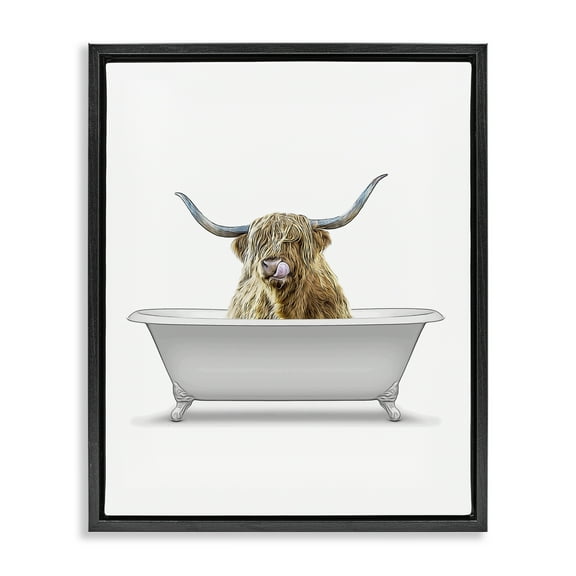 Stupell Industries Traditional Longhorn in Bath Bath & Laundry Painting Black Floater Framed Canvas Art Print Wall Art, 17 x 21