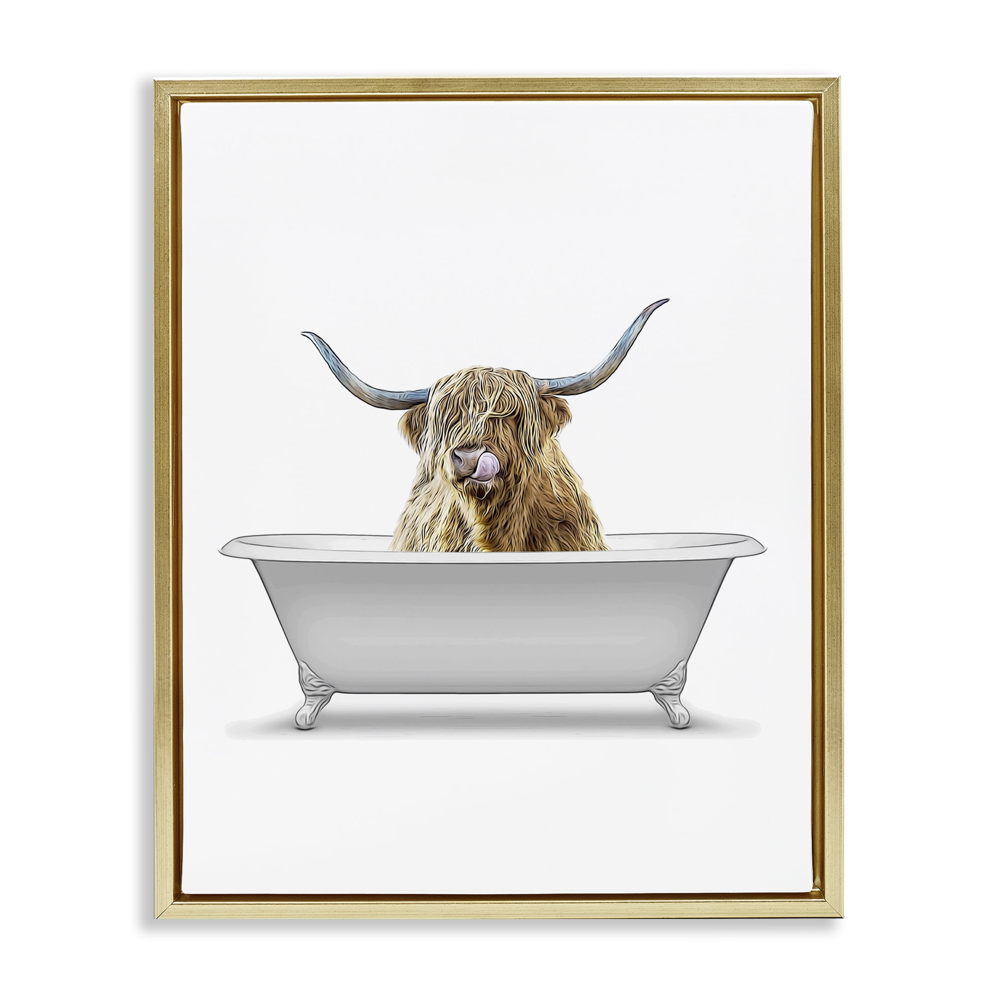 Stupell Industries Traditional Longhorn in Bath Bath & Laundry Painting Gold Floater Framed Canvas Art Print Wall Art, 25 x 31