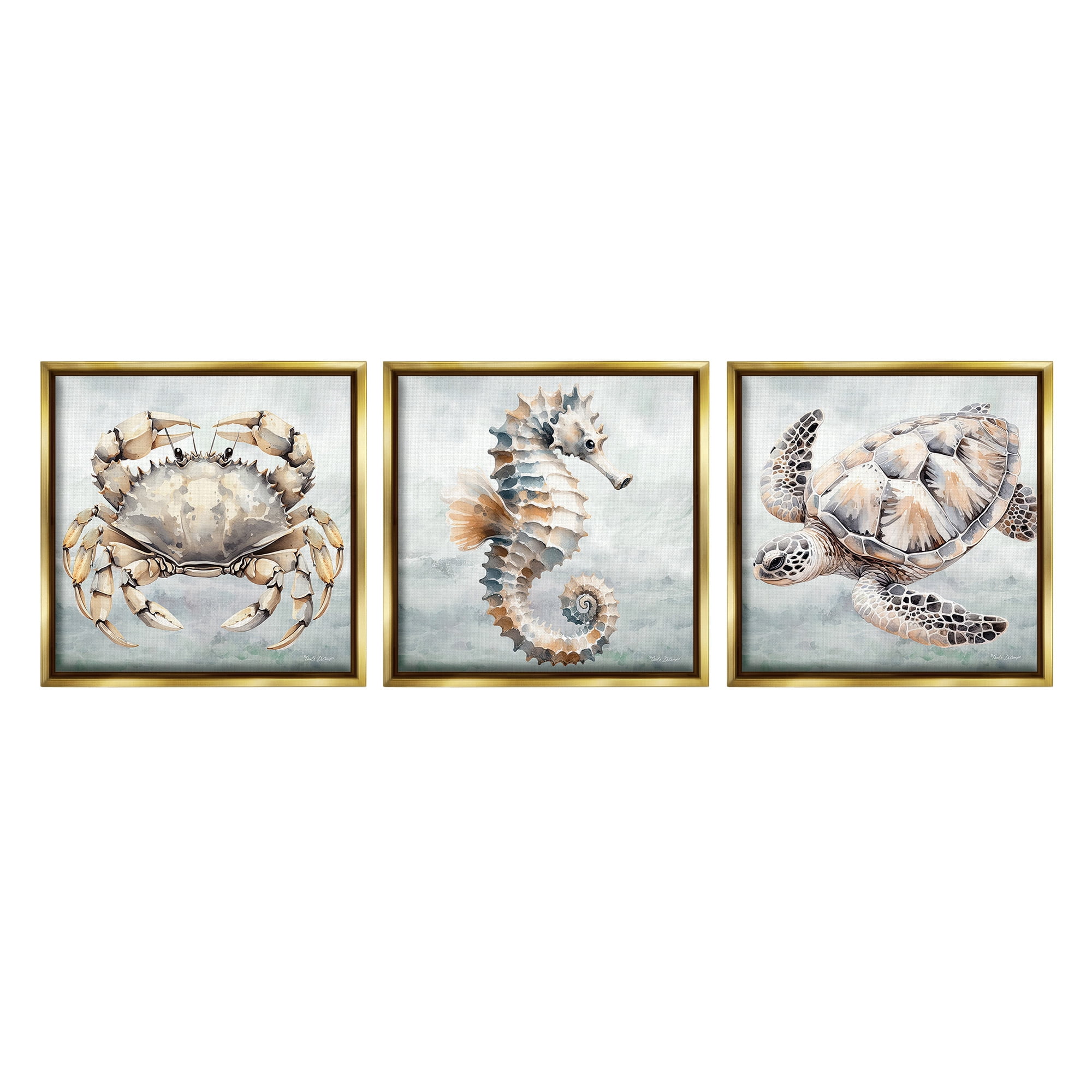 Stupell Industries Traditional Marine Life Animals & Insects Painting Gold Floater Framed Canvas Art Print Wall Art, 25 x 25, Set of 3