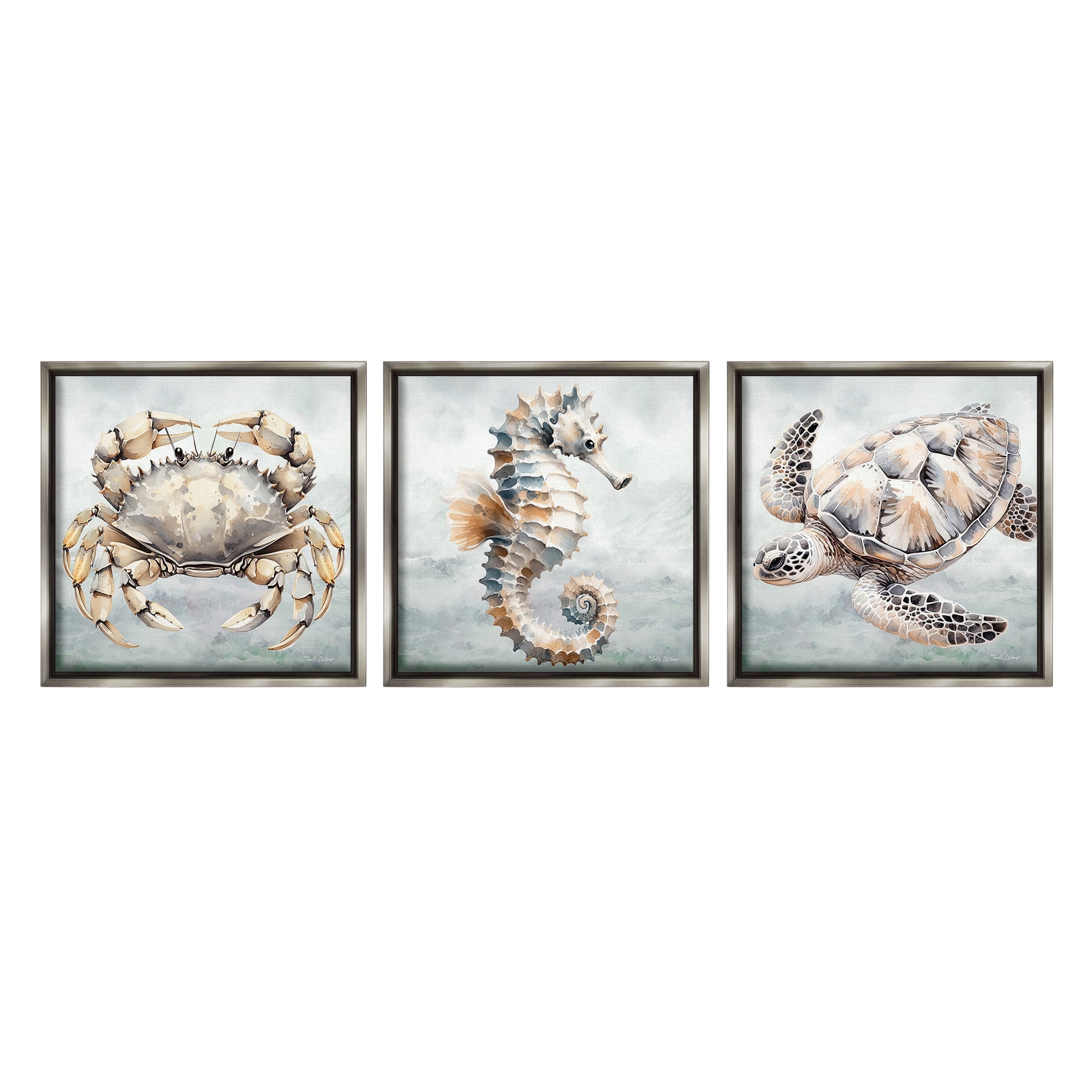 Stupell Industries Traditional Marine Life Animals & Insects Painting Gray Floater Framed Canvas Art Print Wall Art, 18 x 18, Set of 3