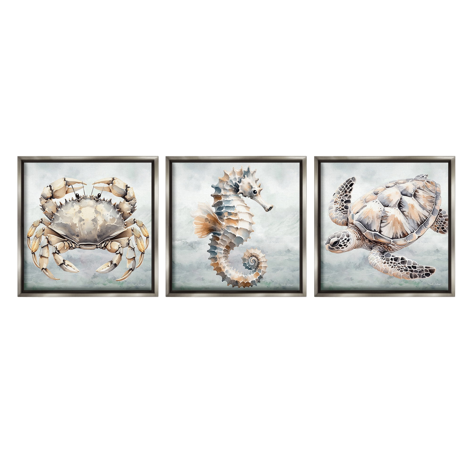 Stupell Industries Traditional Marine Life Animals & Insects Painting Gray Floater Framed Canvas Art Print Wall Art, 25 x 25, Set of 3