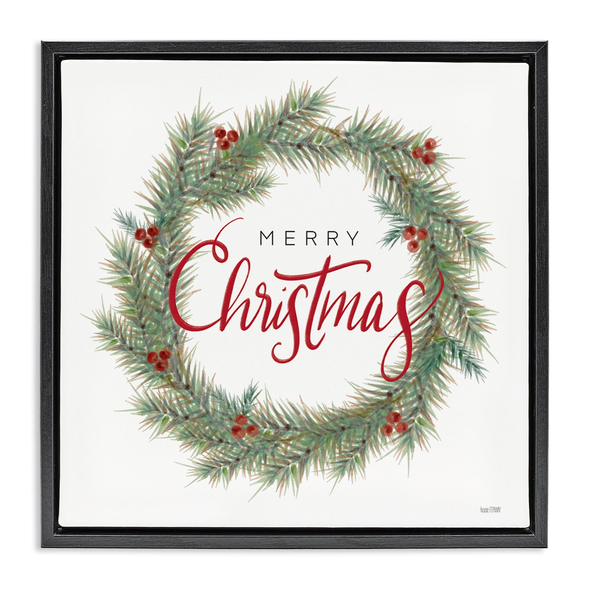 Stupell Industries Traditional Merry Wreath Holiday Painting Black Floater Framed Canvas Art Prints Wall Art, 18 x 18