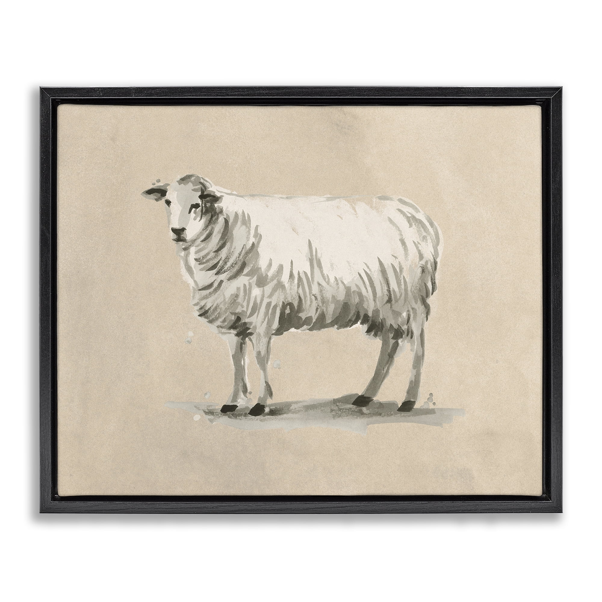 Stupell Industries Traditional Minimal Sheep Animals & Insects Painting Black Floater Framed Canvas Art Print Wall Art, 31 x 25