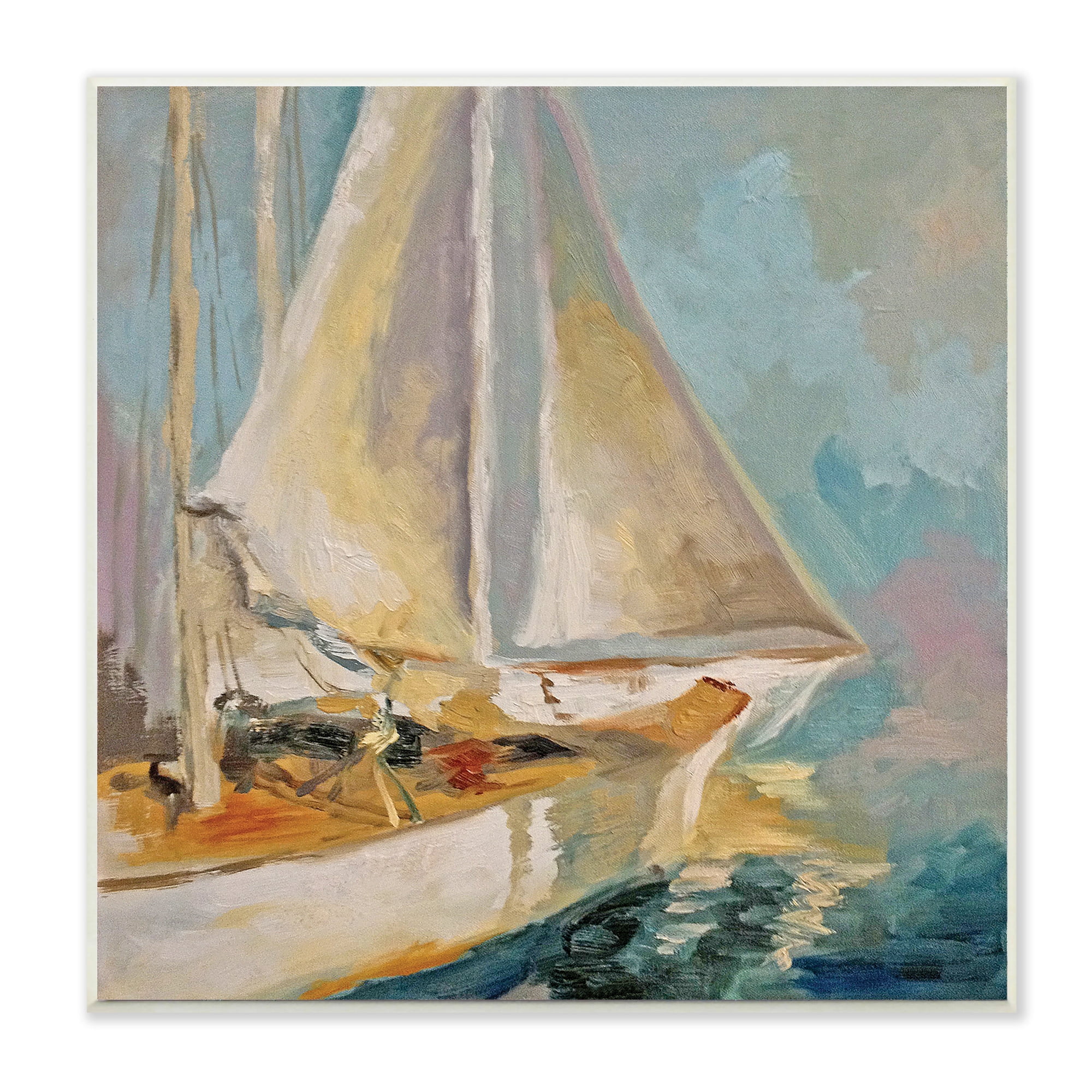Traditional Nautical Sailboat Wall Plaque in Beige and Blue