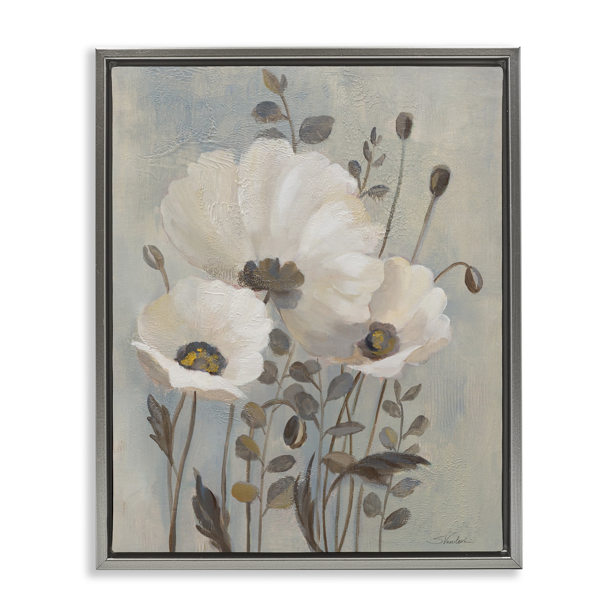 Stupell Industries Traditional Neutral Poppies Botanical & Floral Painting Gray Floater Framed Art Print Wall Art, 25 x 31