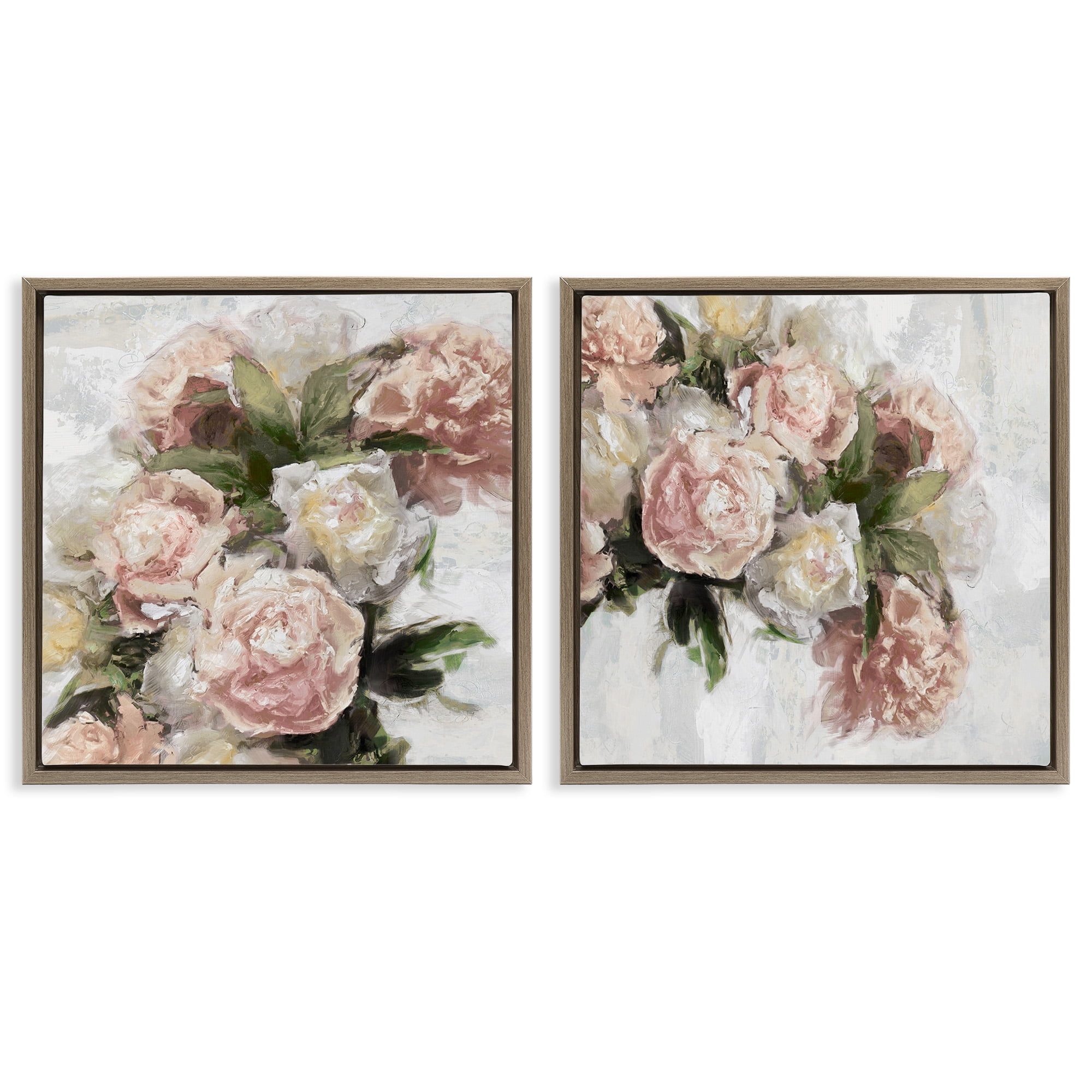 Stupell Industries Traditional Peony Blossoms Arrangement Botanical & Floral Painting Brown Floater Framed Canvas Art Print Wall Art, 18 x 18, Set of 2