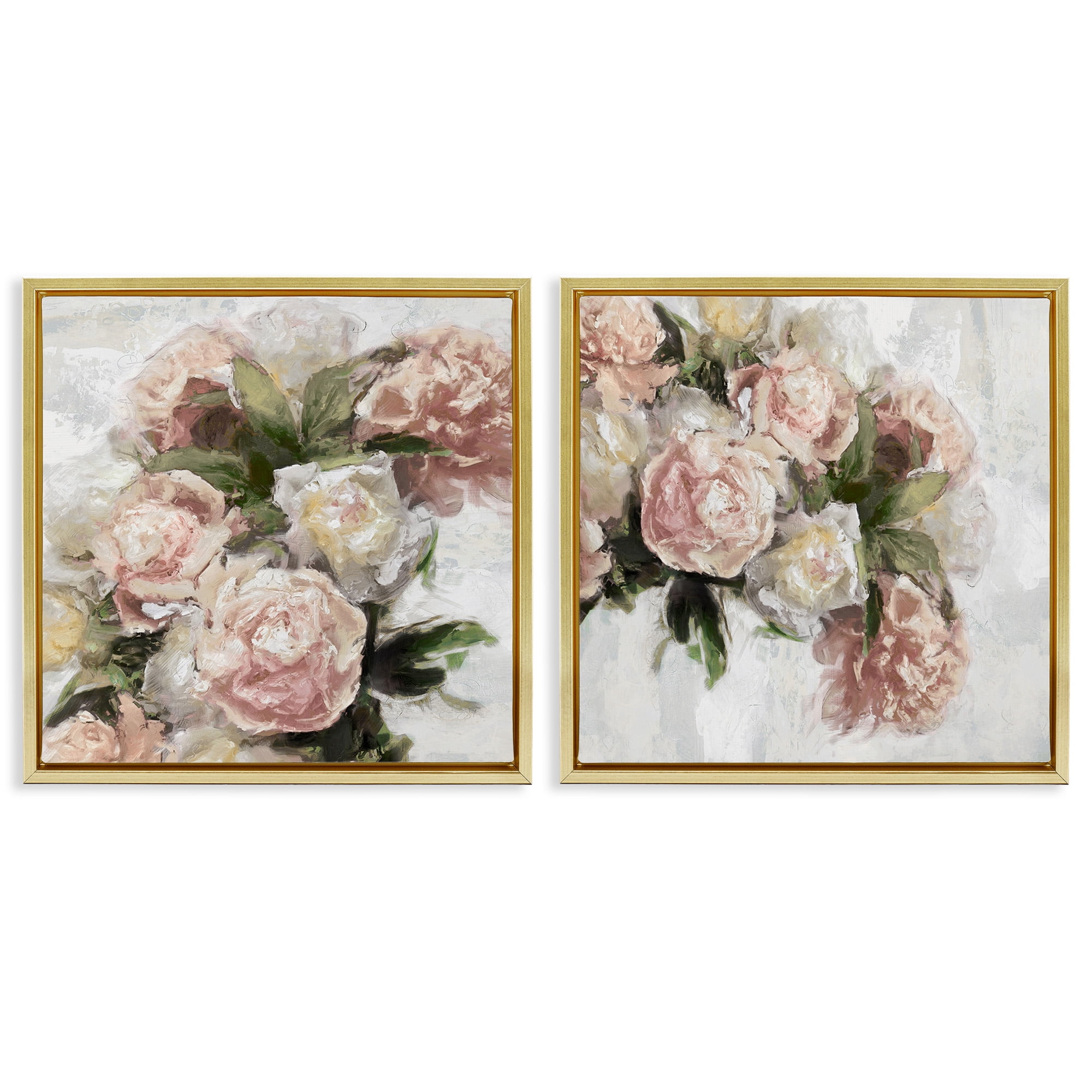 Stupell Industries Traditional Peony Blossoms Arrangement Botanical & Floral Painting Gold Floater Framed Canvas Art Print Wall Art, 25 x 25, Set of 2
