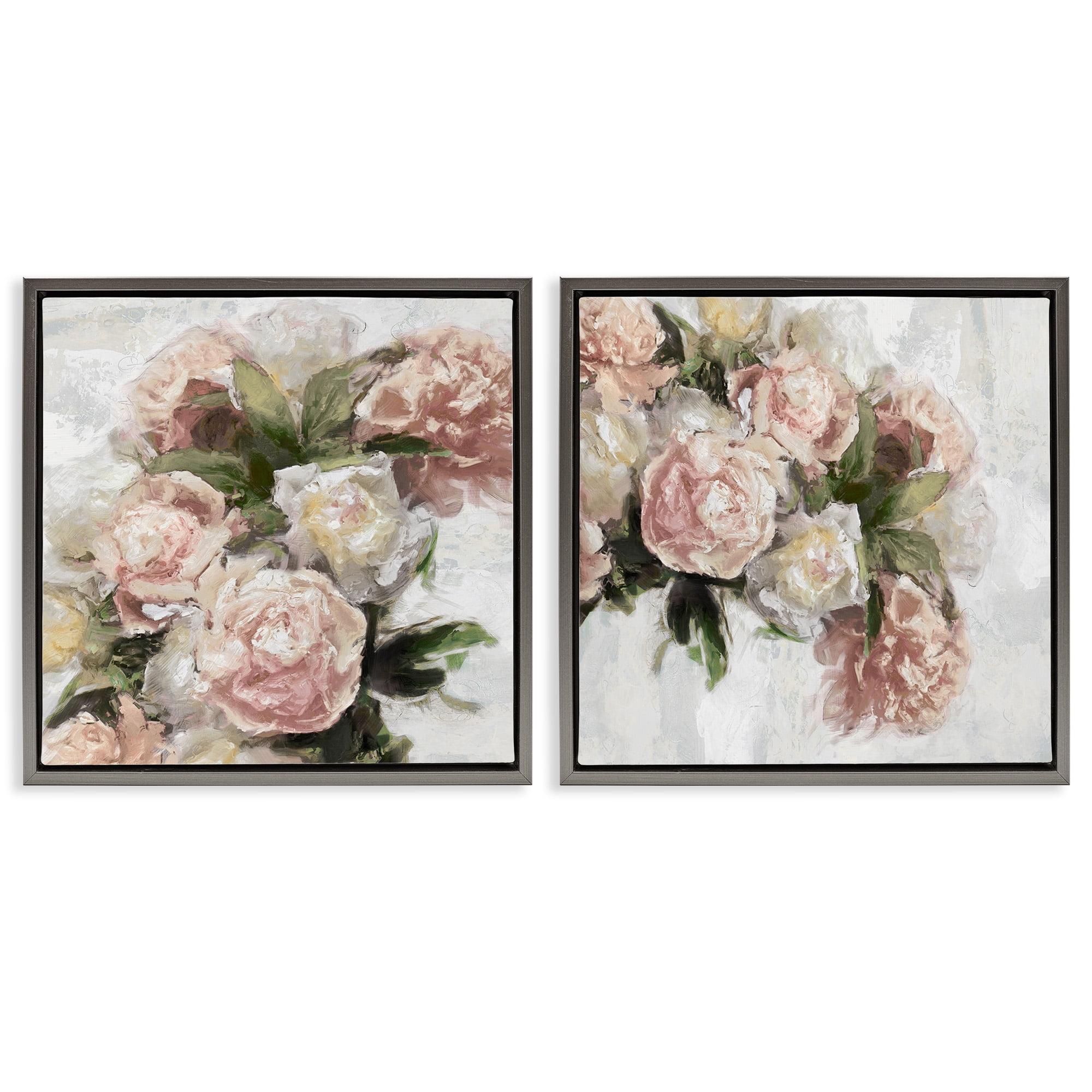 Stupell Industries Traditional Peony Blossoms Arrangement Botanical & Floral Painting Gray Floater Framed Canvas Art Print Wall Art, 25 x 25, Set of 2