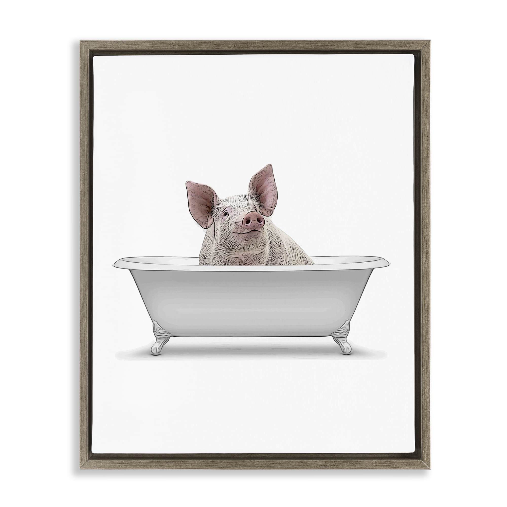 Stupell Industries Traditional Pig in Bath Bath & Laundry Painting Brown Floater Framed Canvas Art Print Wall Art, 25 x 31