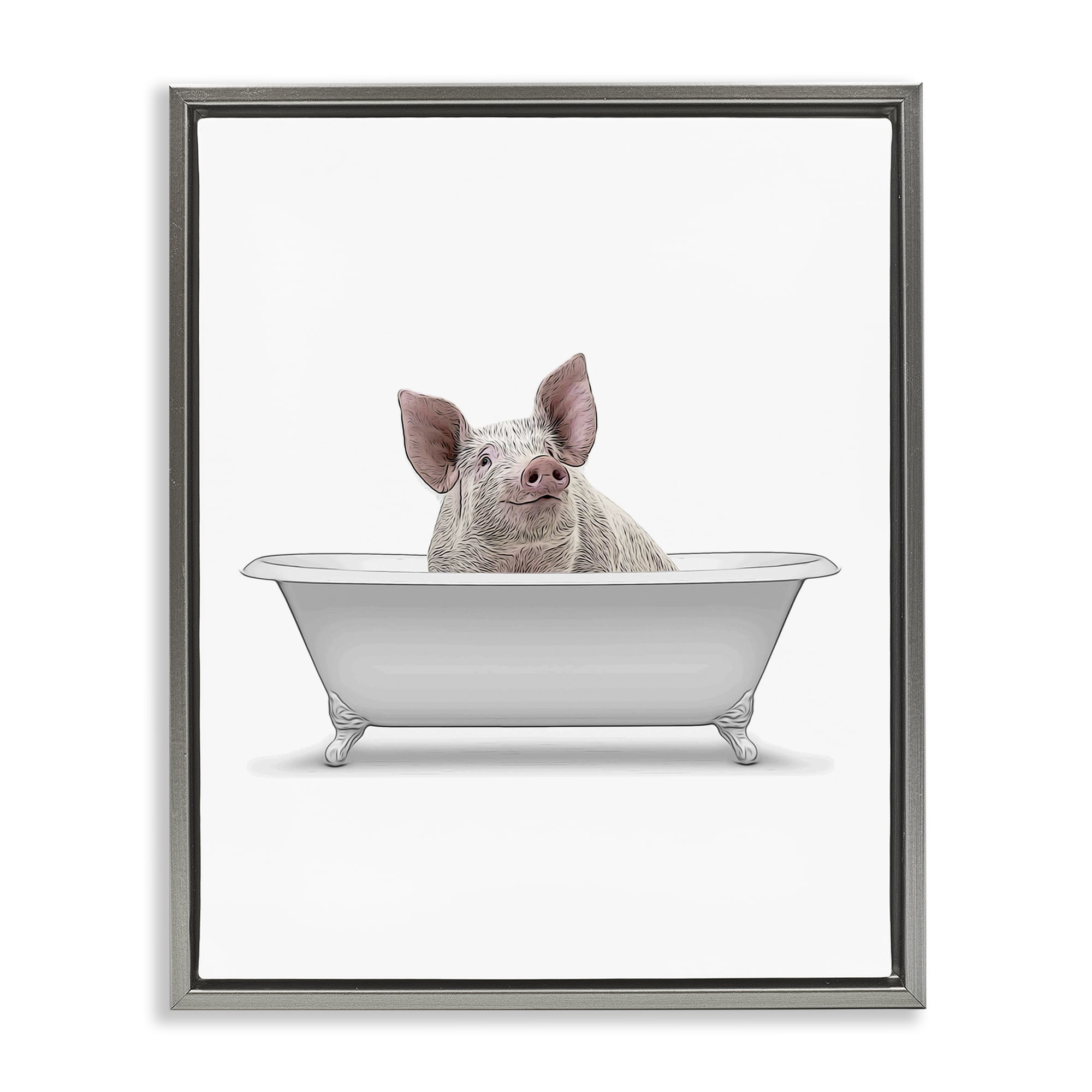 Stupell Industries Traditional Pig in Bath Bath & Laundry Painting Gray Floater Framed Canvas Art Print Wall Art, 25 x 31