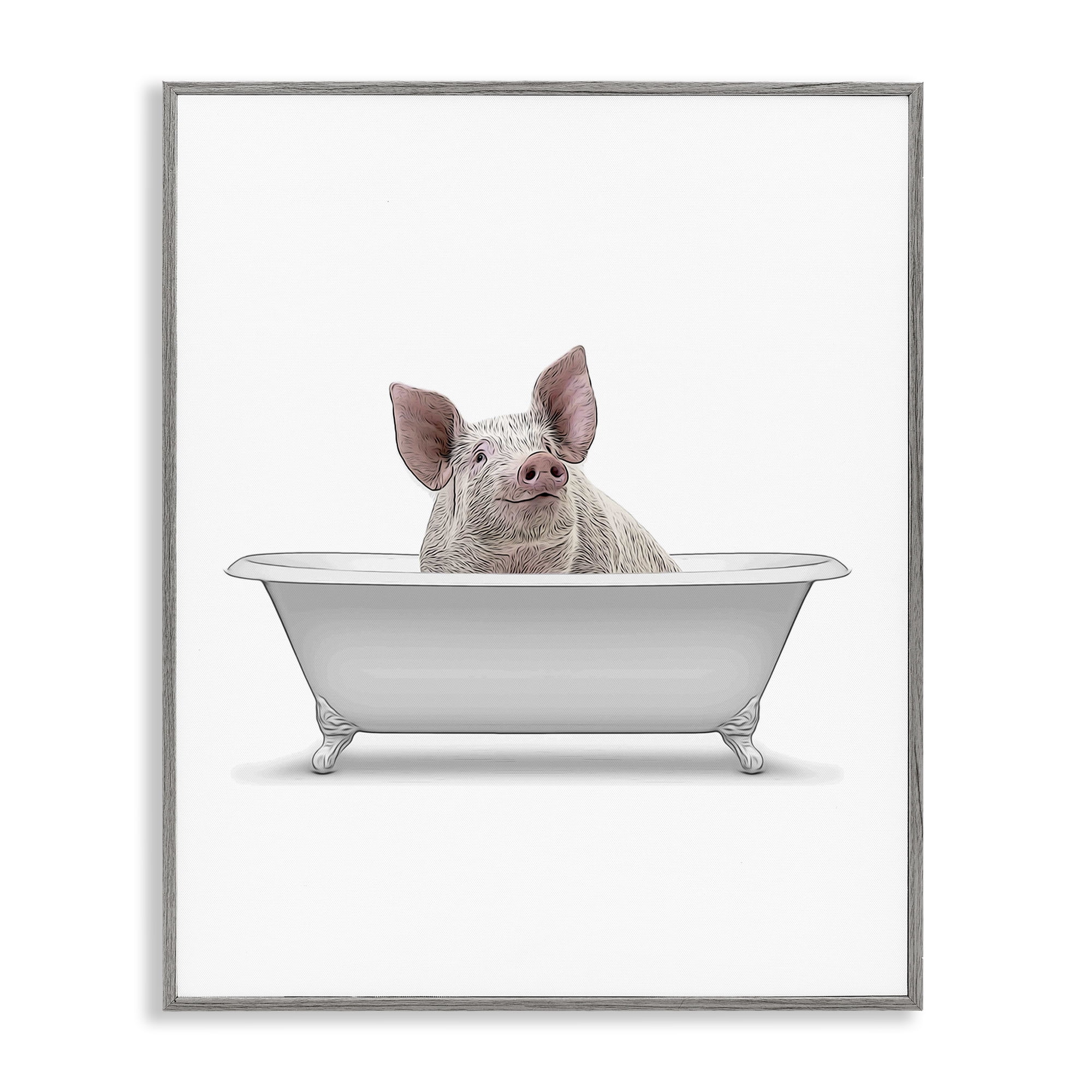 Stupell Industries Traditional Pig in Bath Bath & Laundry Painting Gray Framed Art Print Wall Art, 11 x 14