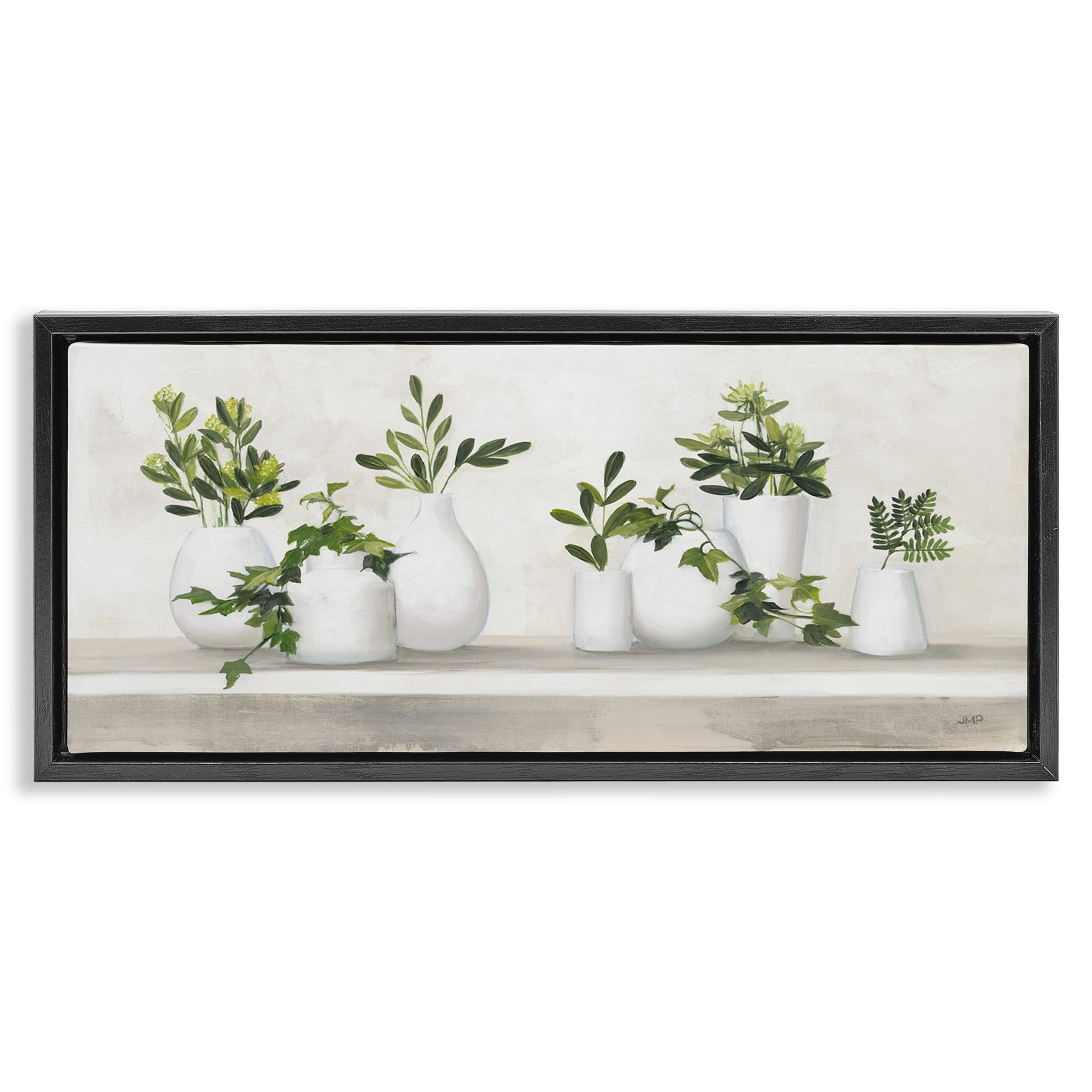 Stupell Industries Traditional Potted Cottage Plants Botanical & Floral Painting Black Floater Framed Canvas Art Print Wall Art, 25 x 11