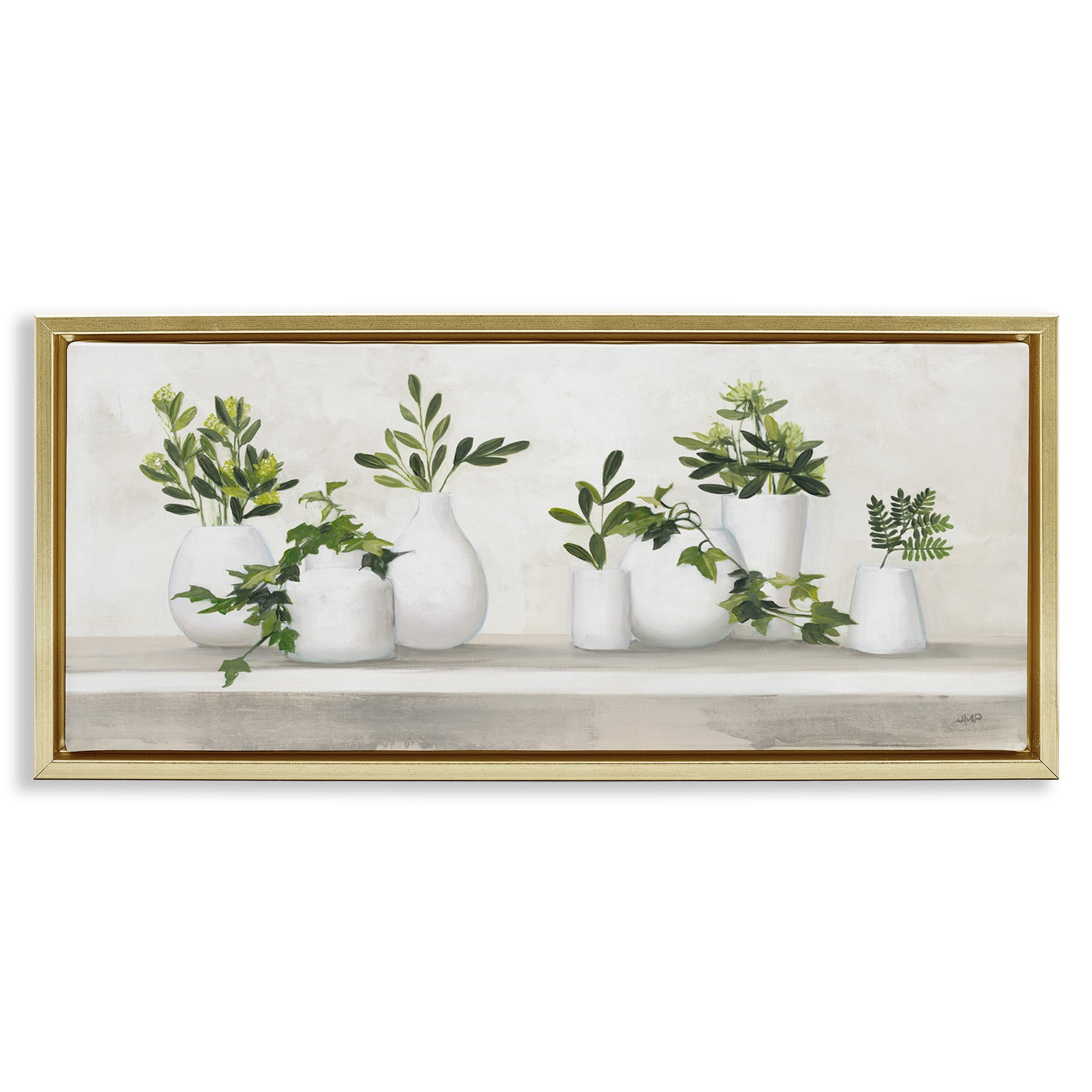Stupell Industries Traditional Potted Cottage Plants Botanical & Floral Painting Gold Floater Framed Canvas Art Print Wall Art, 25 x 11