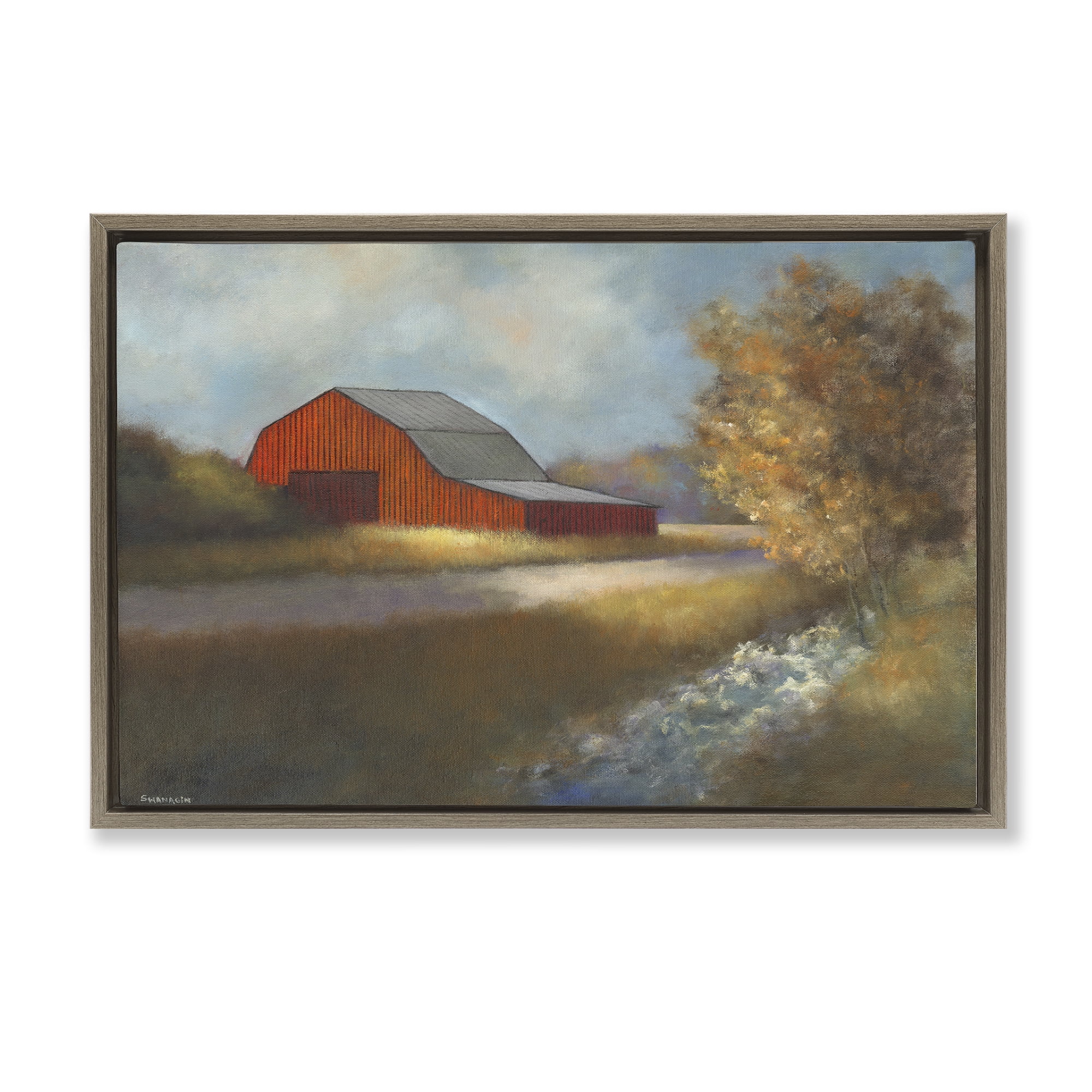 Stupell Industries Traditional Red Barn Landscape Painting Brown Floater Framed Canvas Art Print Wall Art, 25 x 17