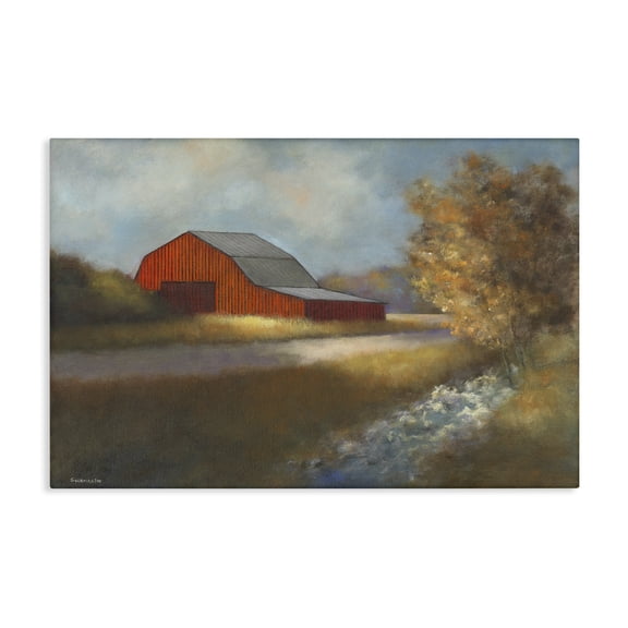 Stupell Industries Traditional Red Barn Landscape Painting Gallery Wrapped Canvas Art Print Wall Art, 36 x 24