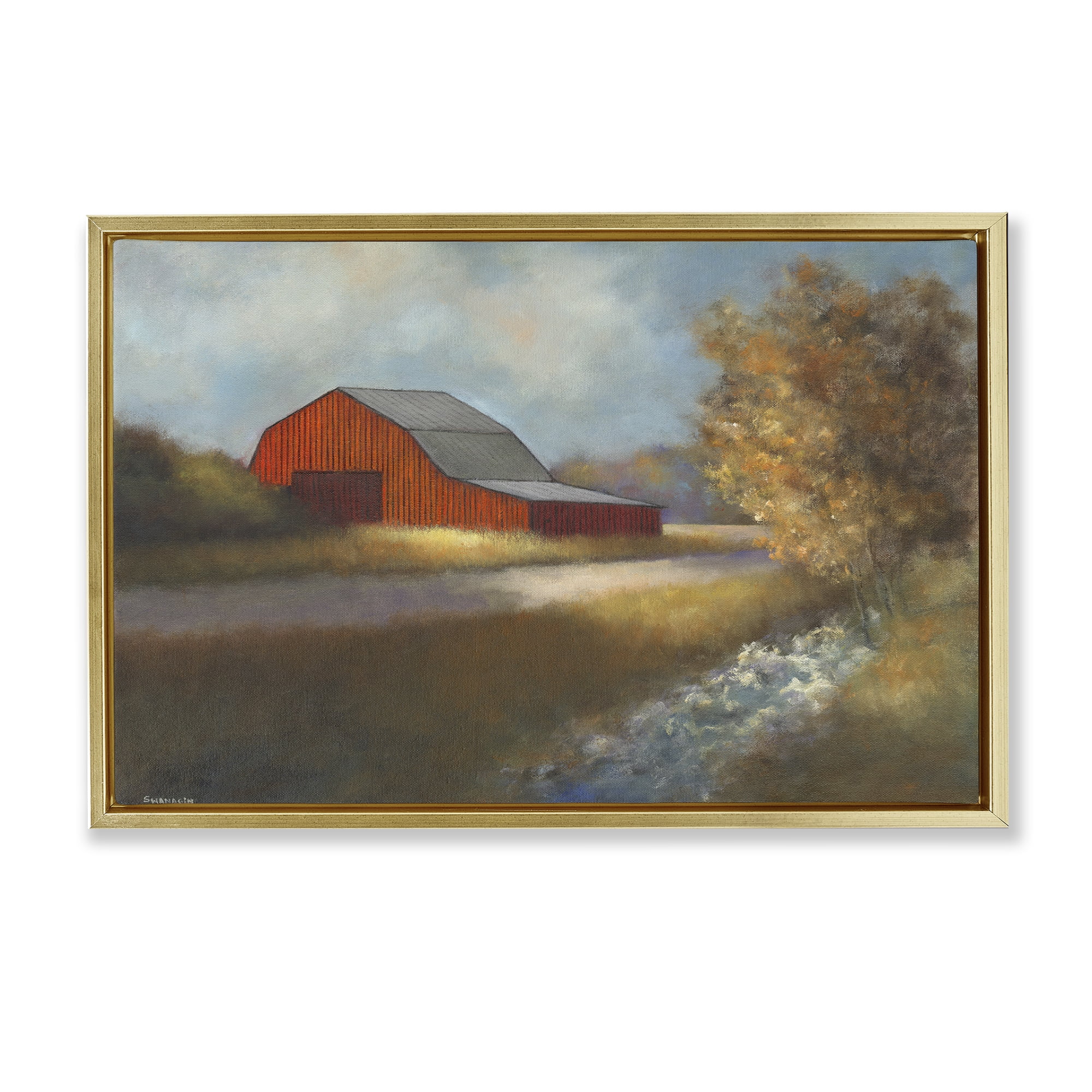 Stupell Industries Traditional Red Barn Landscape Painting Gold Floater Framed Canvas Art Print Wall Art, 25 x 17
