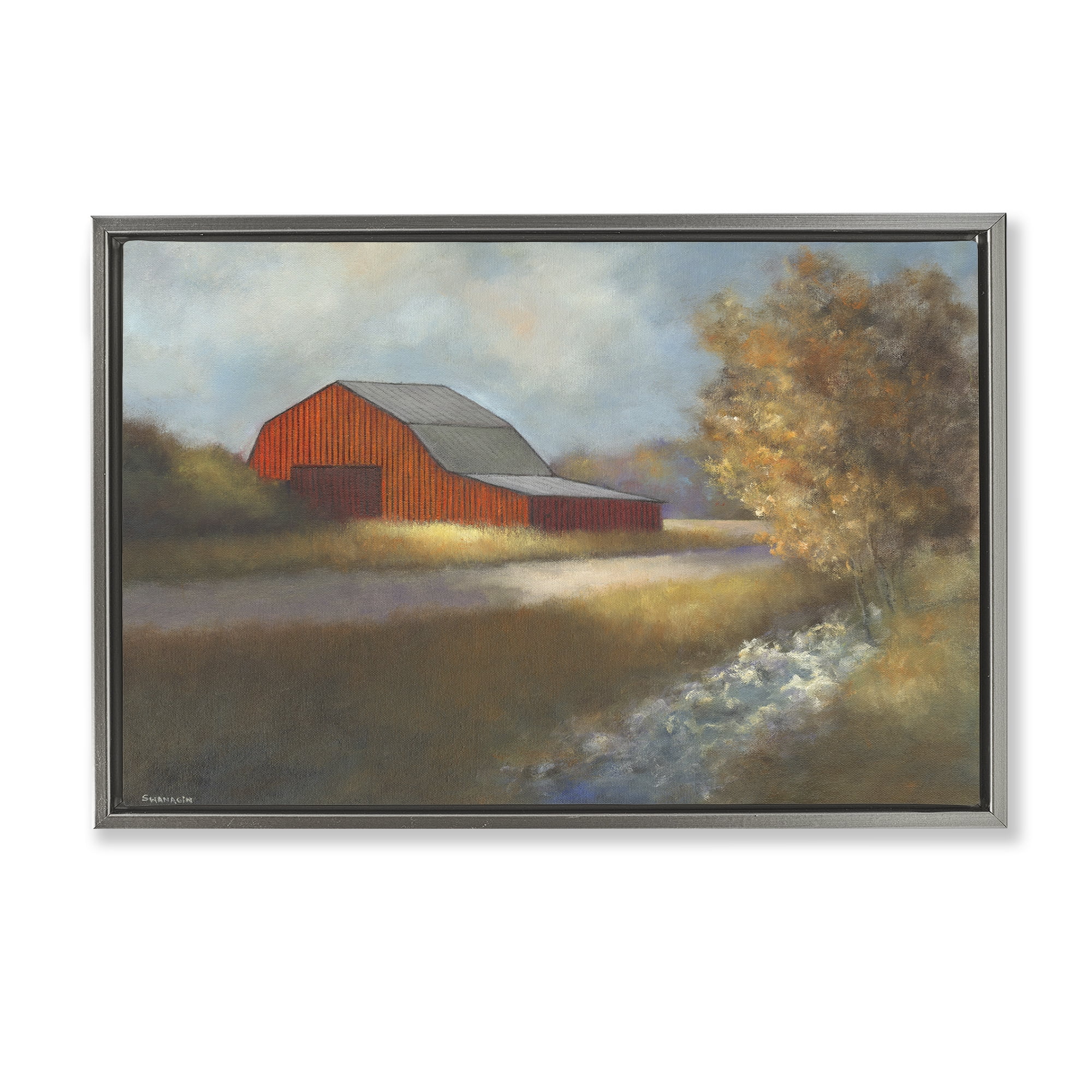 Stupell Industries Traditional Red Barn Landscape Painting Gray Floater Framed Canvas Art Print Wall Art, 25 x 17