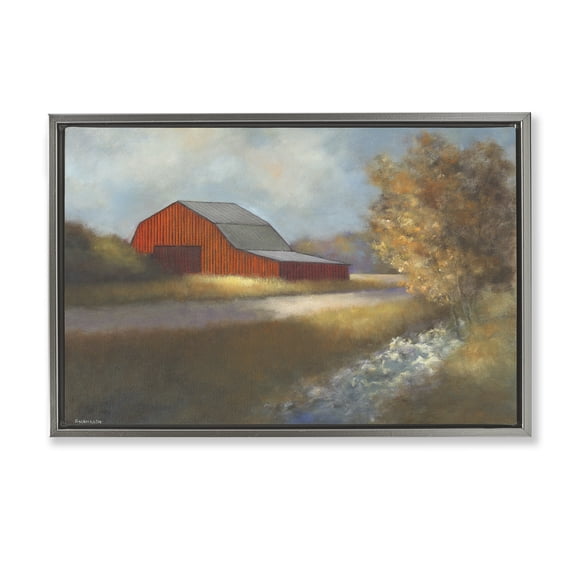 Stupell Industries Traditional Red Barn Landscape Painting Gray Floater Framed Canvas Art Print Wall Art, 25 x 17