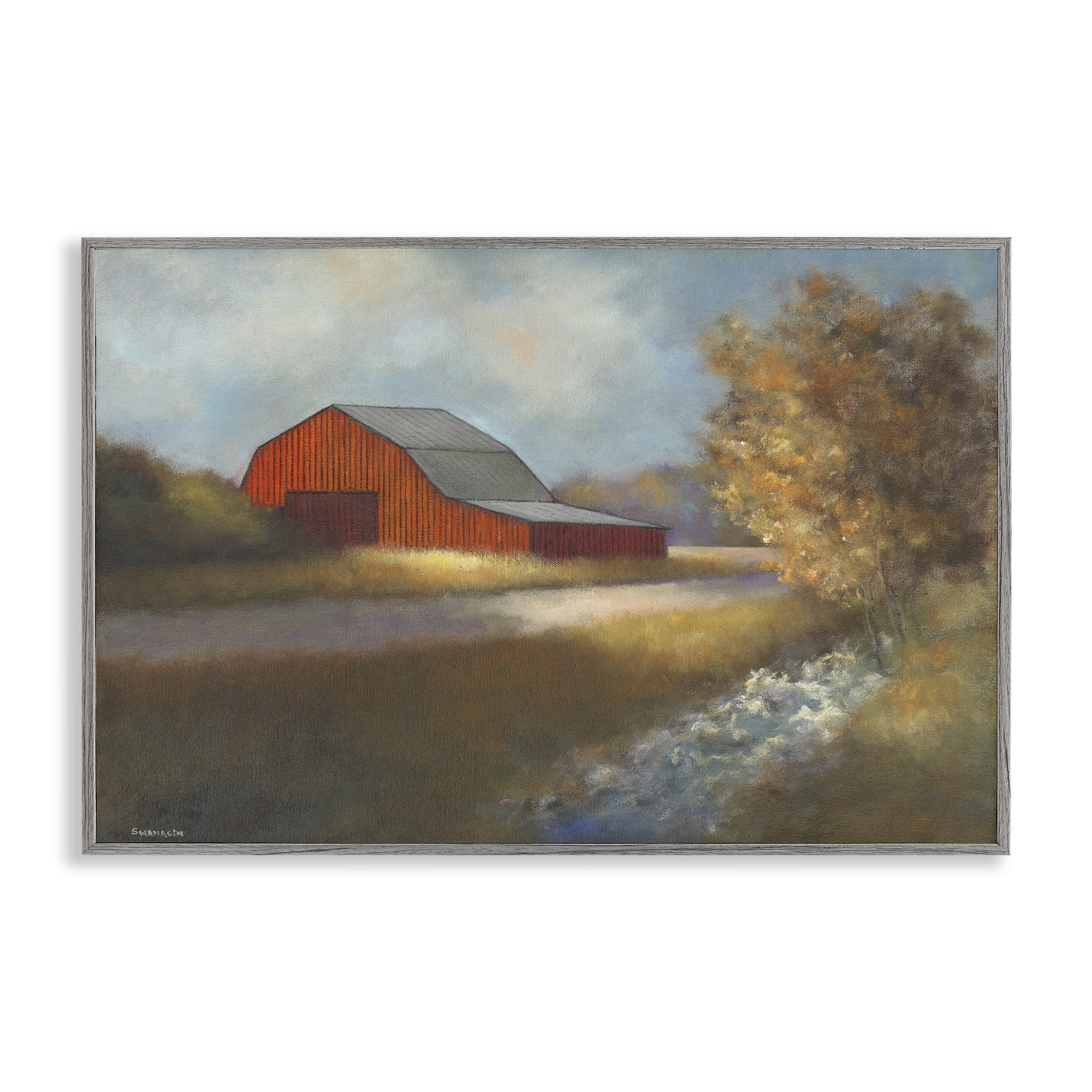 Traditional Red Barn Landscape Print in Gray Wood Frame, 18 x 12