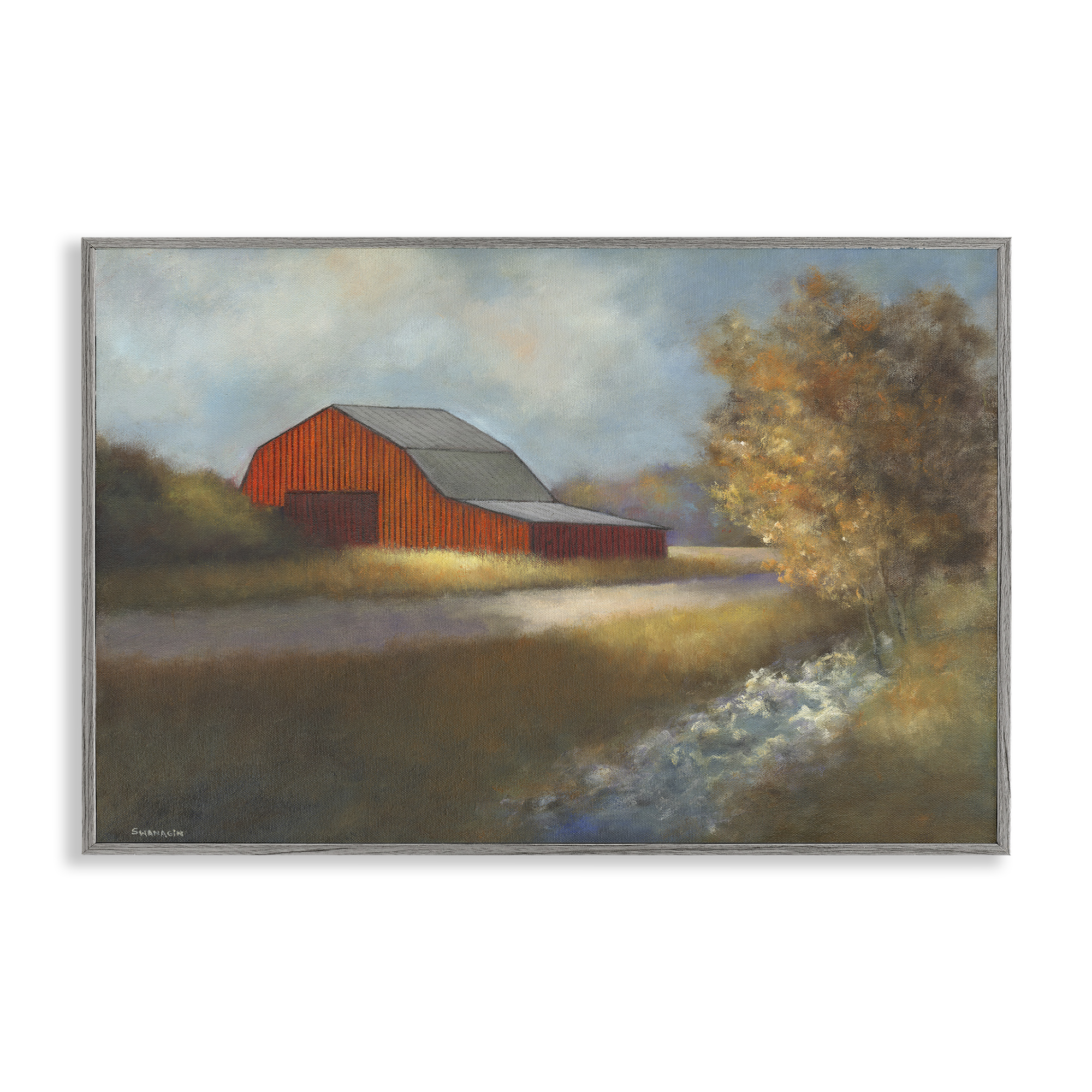 Stupell Industries Traditional Red Barn Landscape Painting Gray Framed Art Print Wall Art, 24 x 16