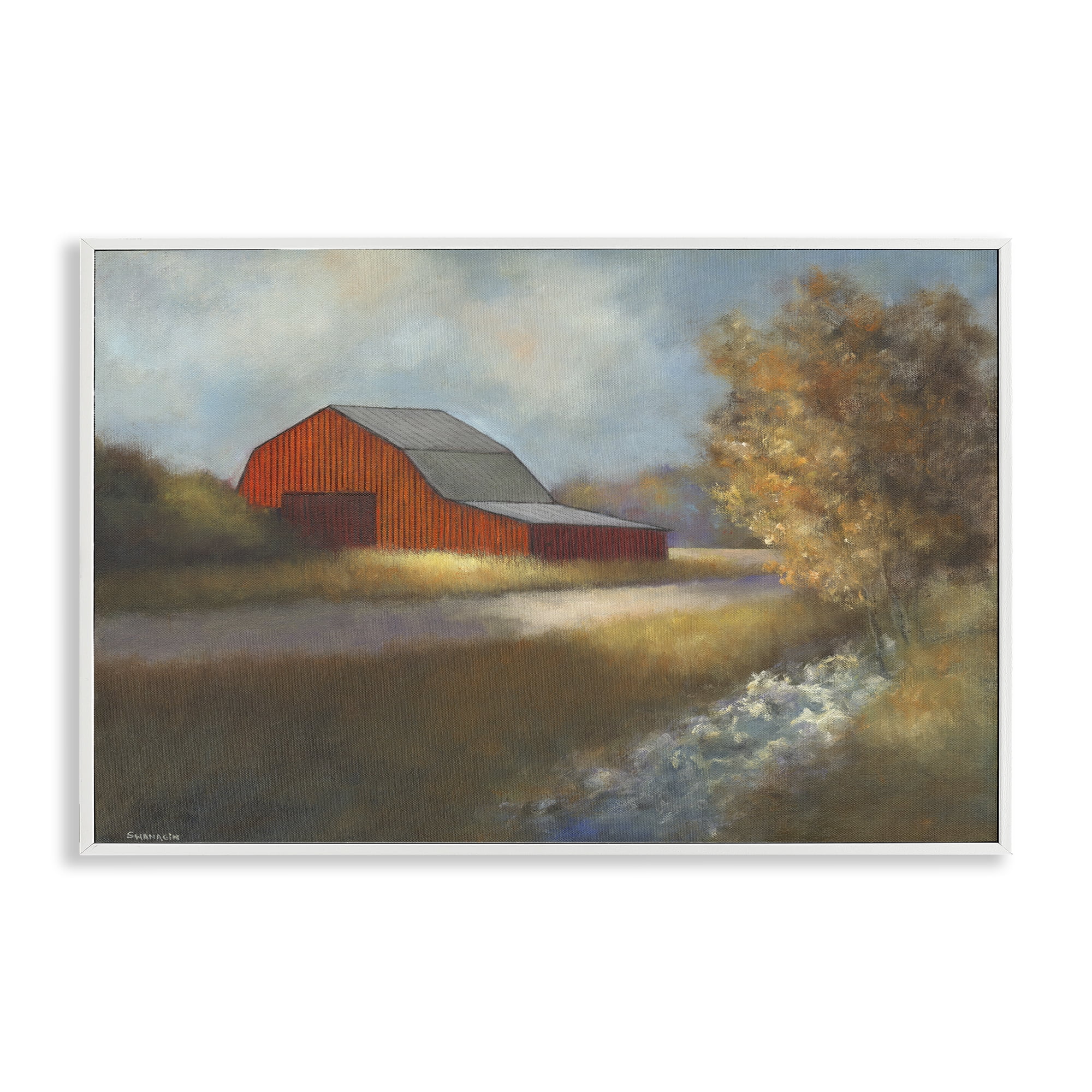 Stupell Industries Traditional Red Barn Landscape Painting White Framed Art Print Wall Art, 24 x 16