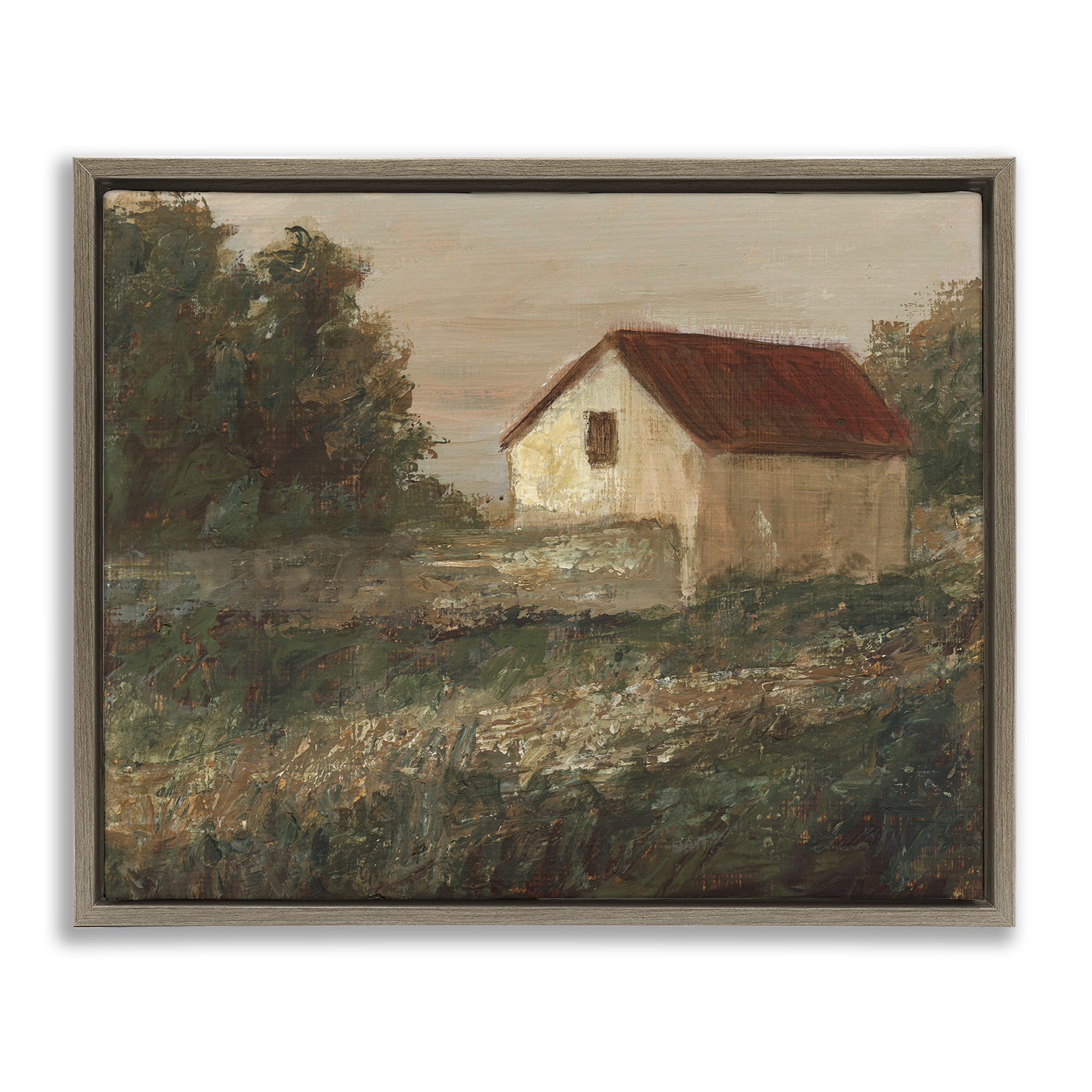 Stupell Industries Traditional Red Roof Cottage Landscape & Nature Painting Brown Floater Framed Canvas Art Print Wall Art, 31 x 25