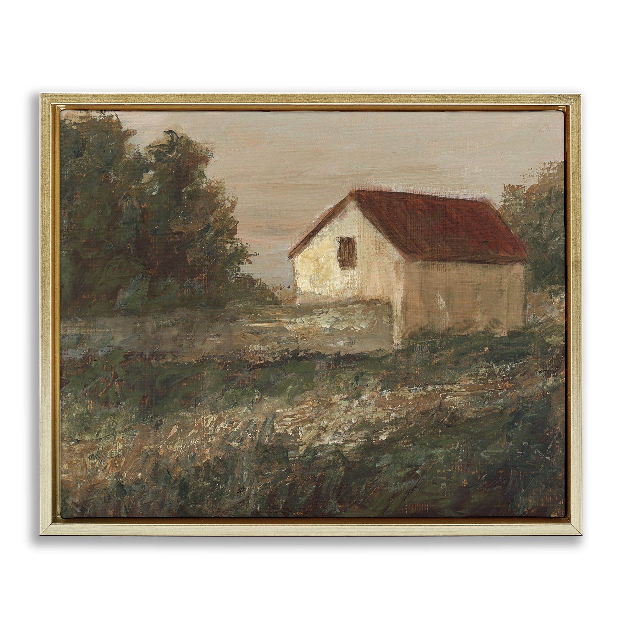 Stupell Industries Traditional Red Roof Cottage Landscape & Nature Painting Gold Floater Framed Canvas Art Print Wall Art, 31 x 25