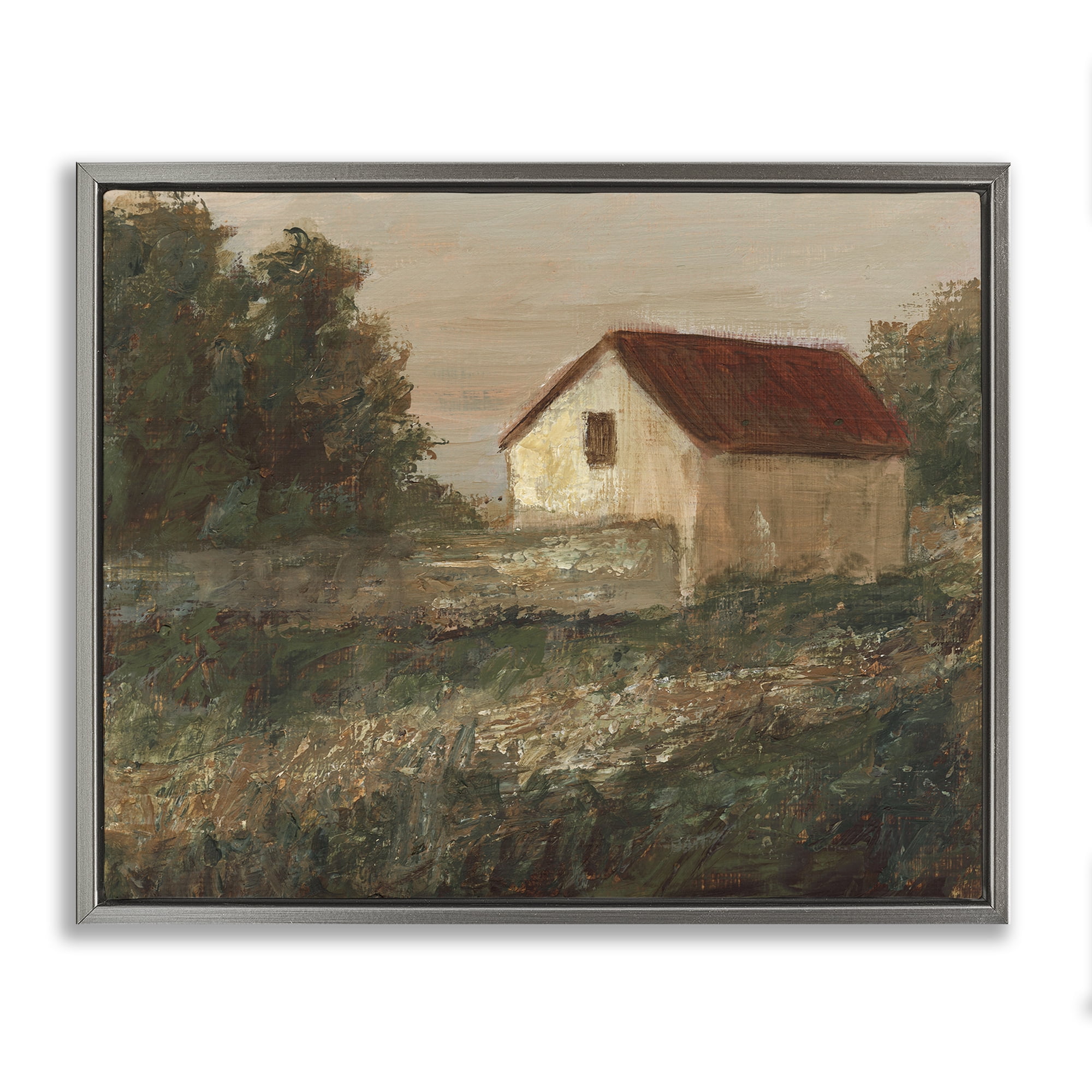 Stupell Industries Traditional Red Roof Cottage Landscape & Nature Painting Gray Floater Framed Canvas Art Print Wall Art, 21 x 17