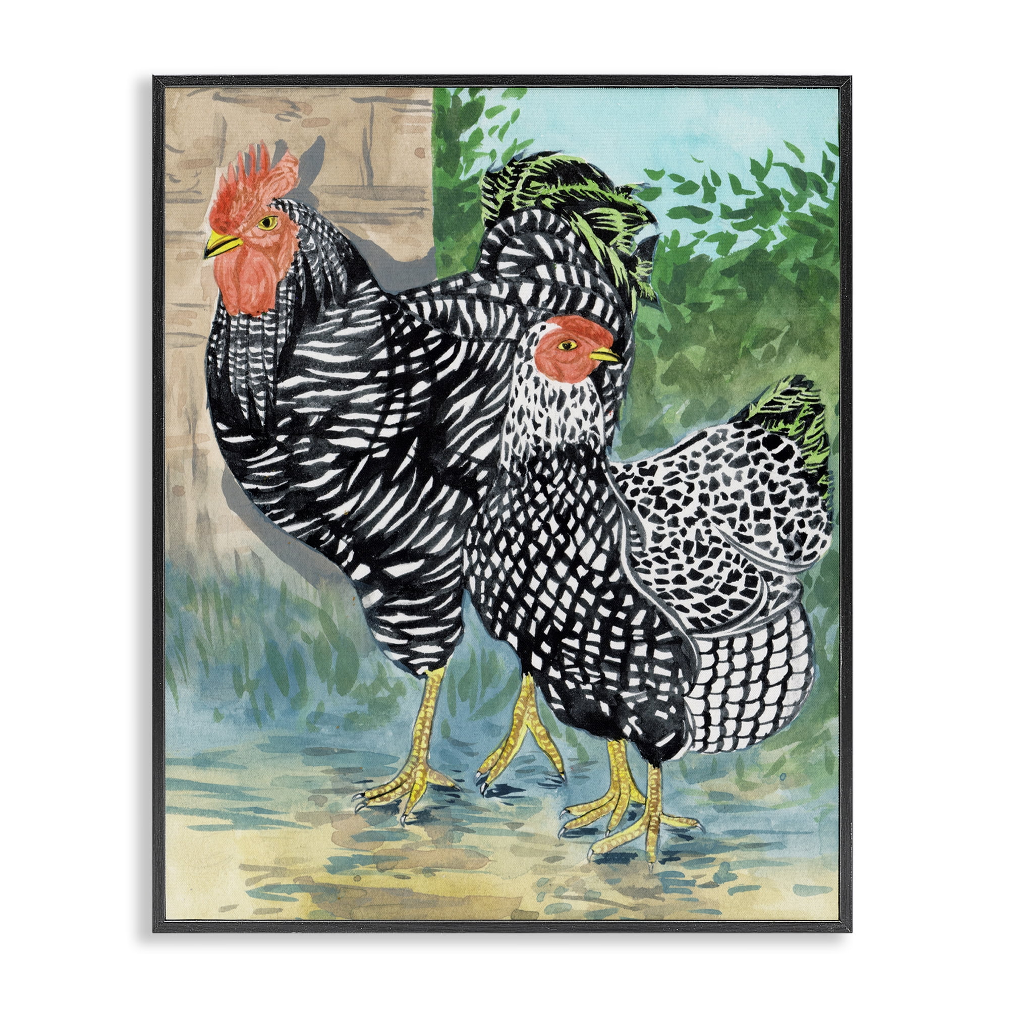 Stupell Industries Traditional Rooster Pair Animals Painting Black Framed Art Print Wall Art, 24 x 30