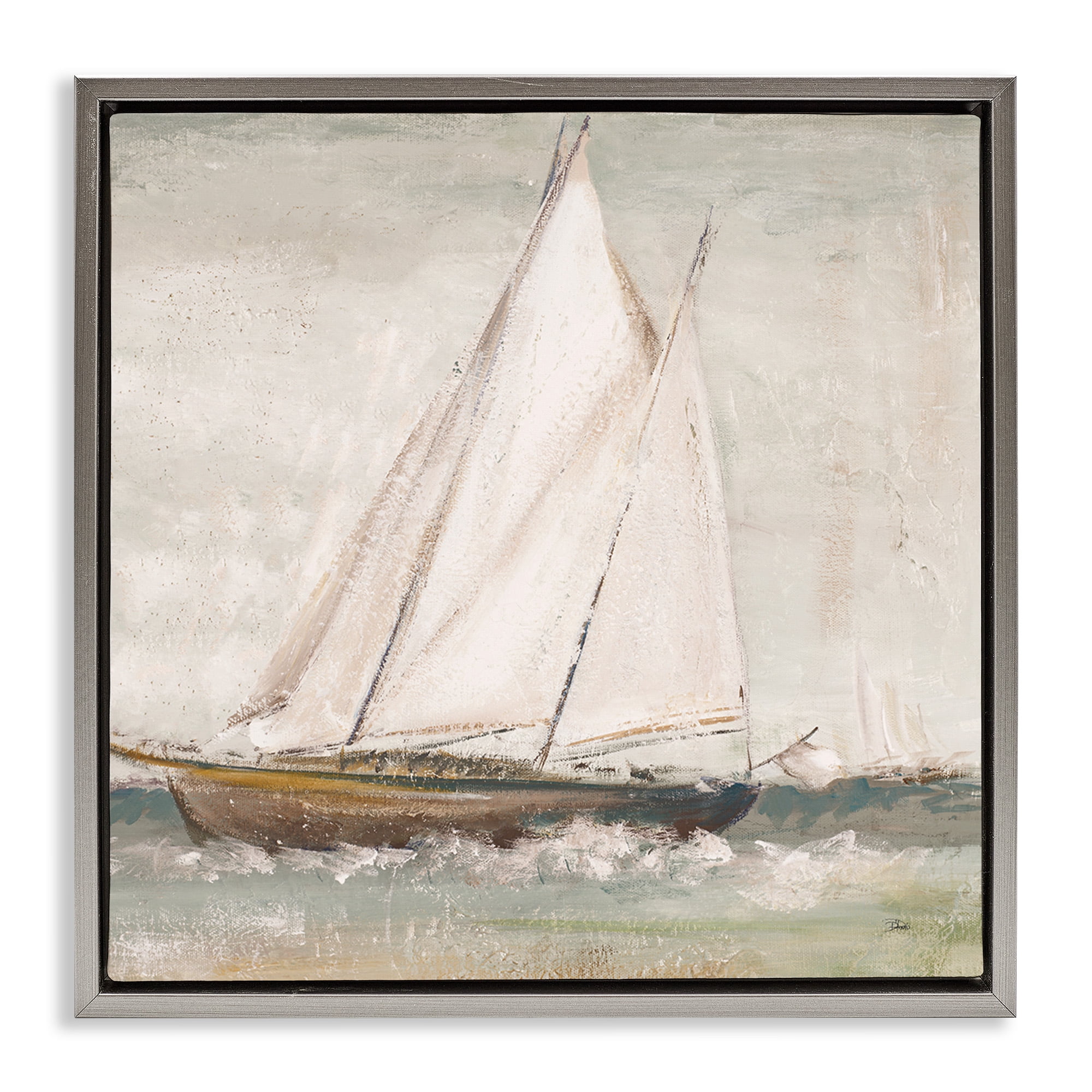 Stupell Industries Traditional Sailboat at Sea Transportation Painting Gray Floater Framed Canvas Art Print Wall Art, 18 x 18