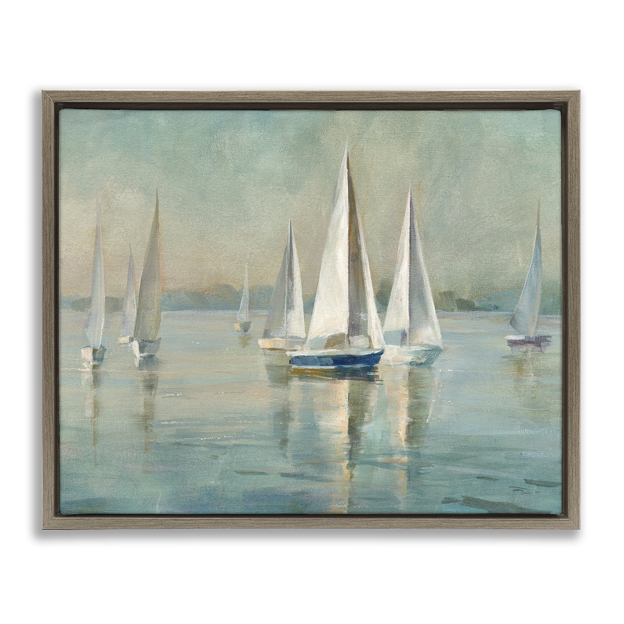Stupell Industries Traditional Sailboats Water Lake Relaxed Nature Painting Brown Floater Framed Canvas Art Print Wall Art, 31 x 25