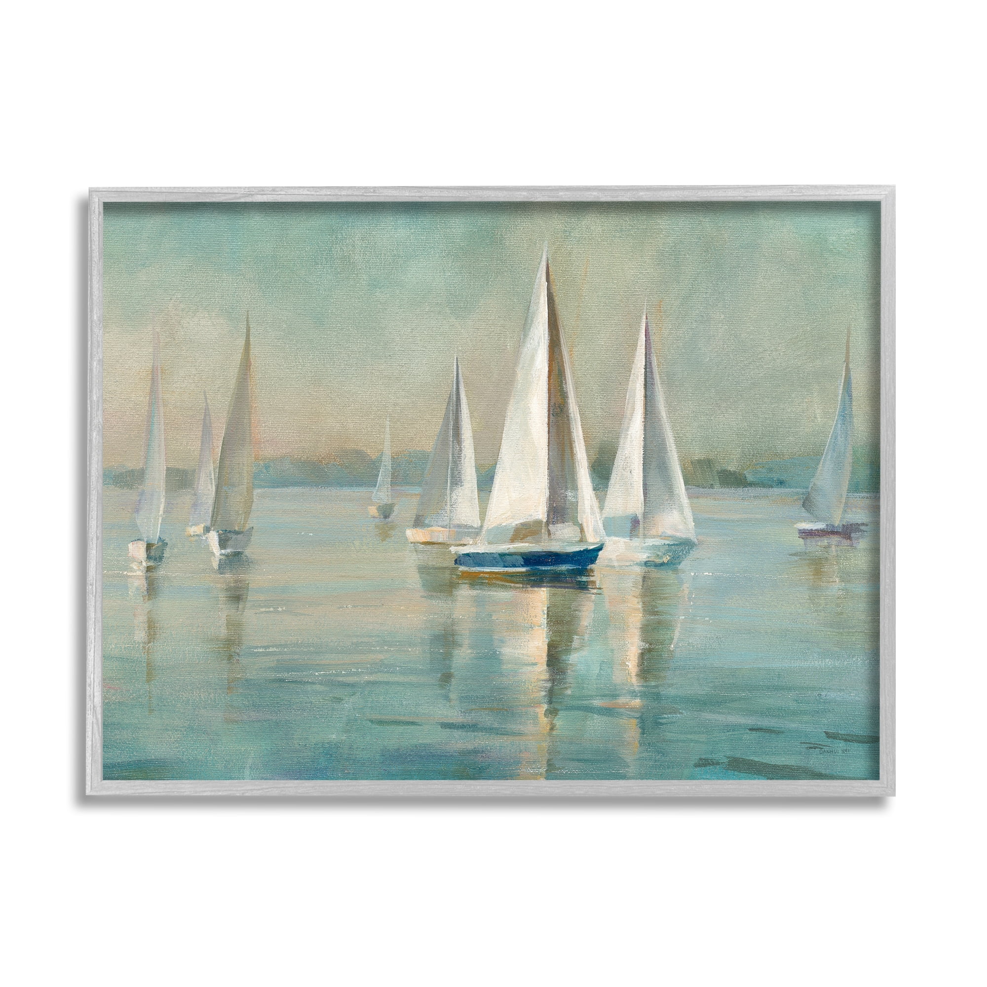 Stupell Industries Traditional Sailboats Water Lake Relaxed Nautical Painting Gray Framed Art Print Wall Art, 24x30, by Danhui Nai