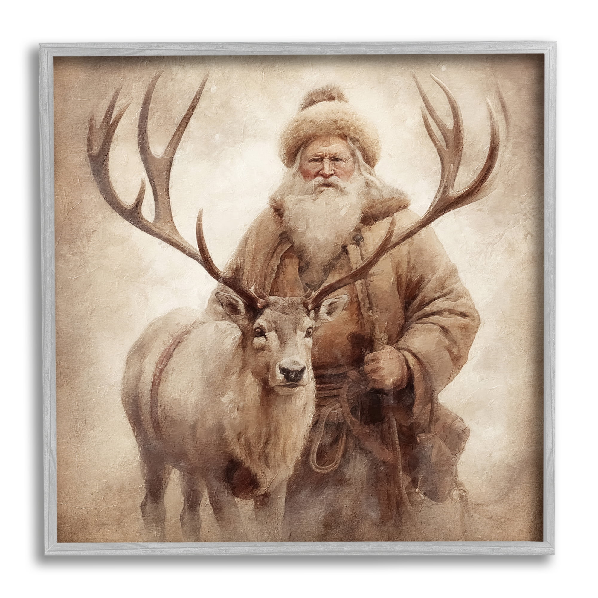 Stupell Industries Traditional Santa & Reindeer Holiday Painting Gray Framed Art Print Wall Art, 24 x 24