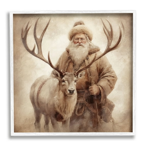 Stupell Industries Traditional Santa & Reindeer Holiday Painting White Framed Art Print Wall Art, 12 x 12