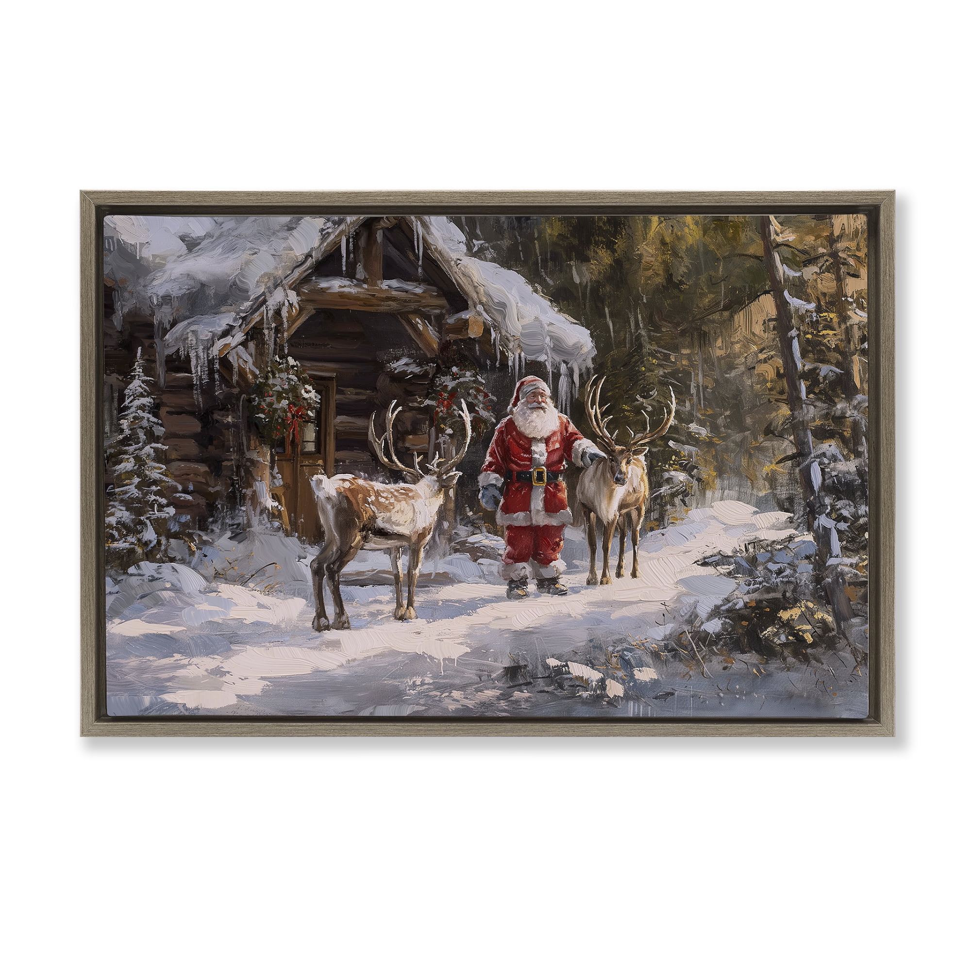Stupell Industries Traditional Santa by Cabin Holiday Painting Brown Floater Framed Canvas Art Prints Wall Art, 25 x 17