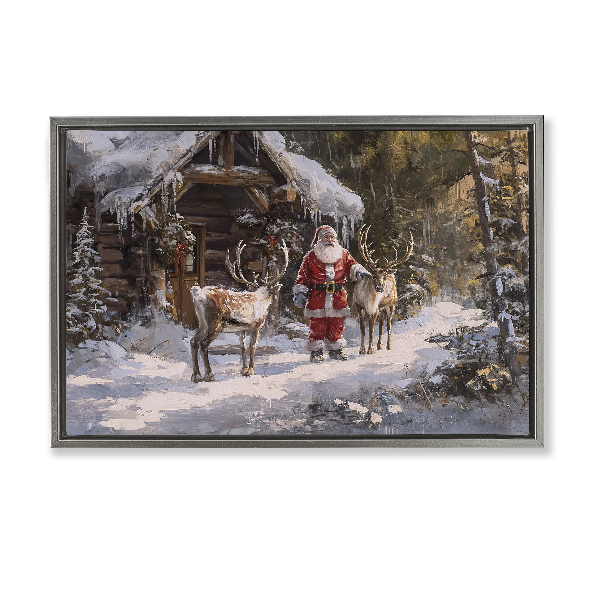 Stupell Industries Traditional Santa by Cabin Holiday Painting Gray Floater Framed Canvas Art Prints Wall Art, 25 x 17