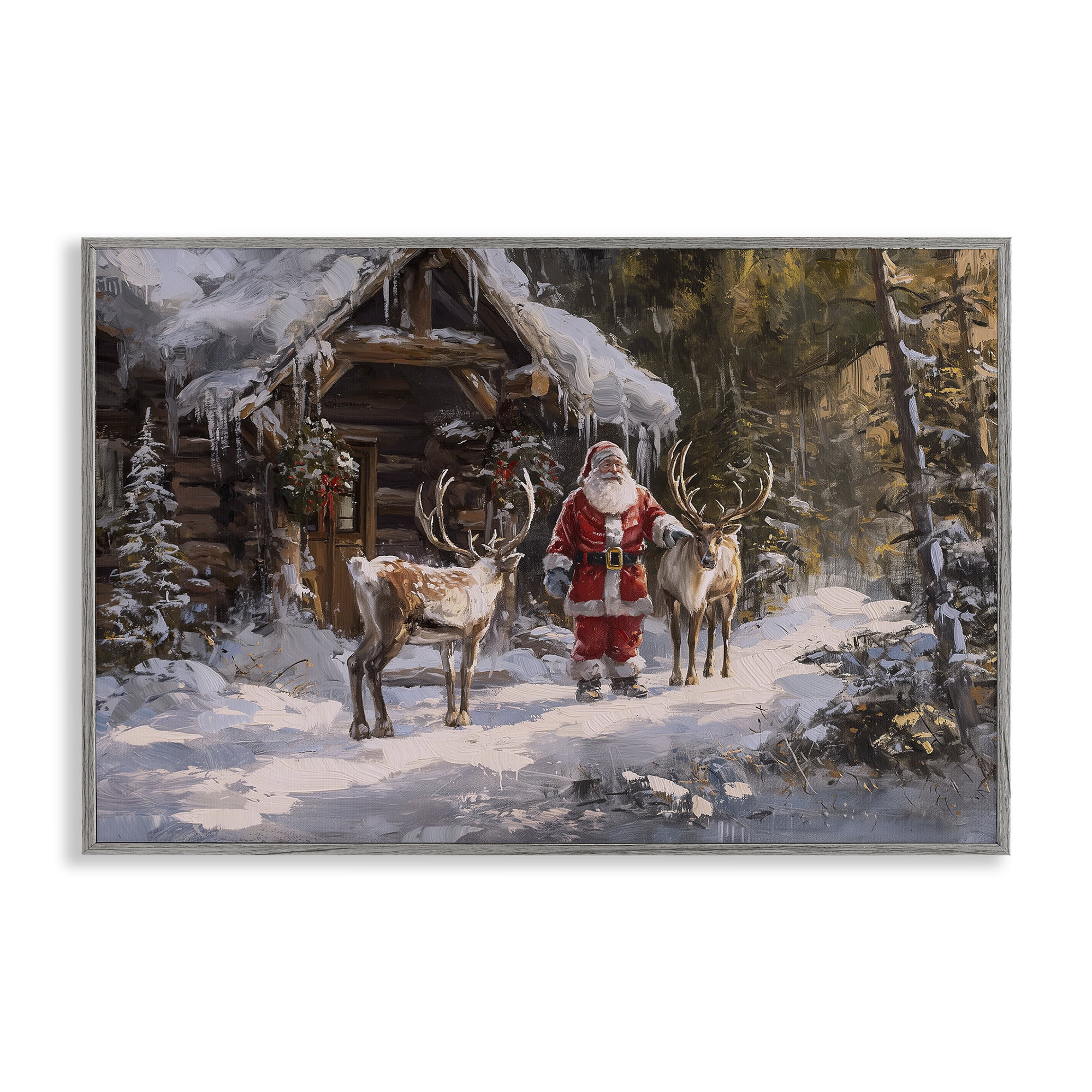 Stupell Industries Traditional Santa by Cabin Holiday Painting Gray Framed Art Prints Wall Art, 24 x 16