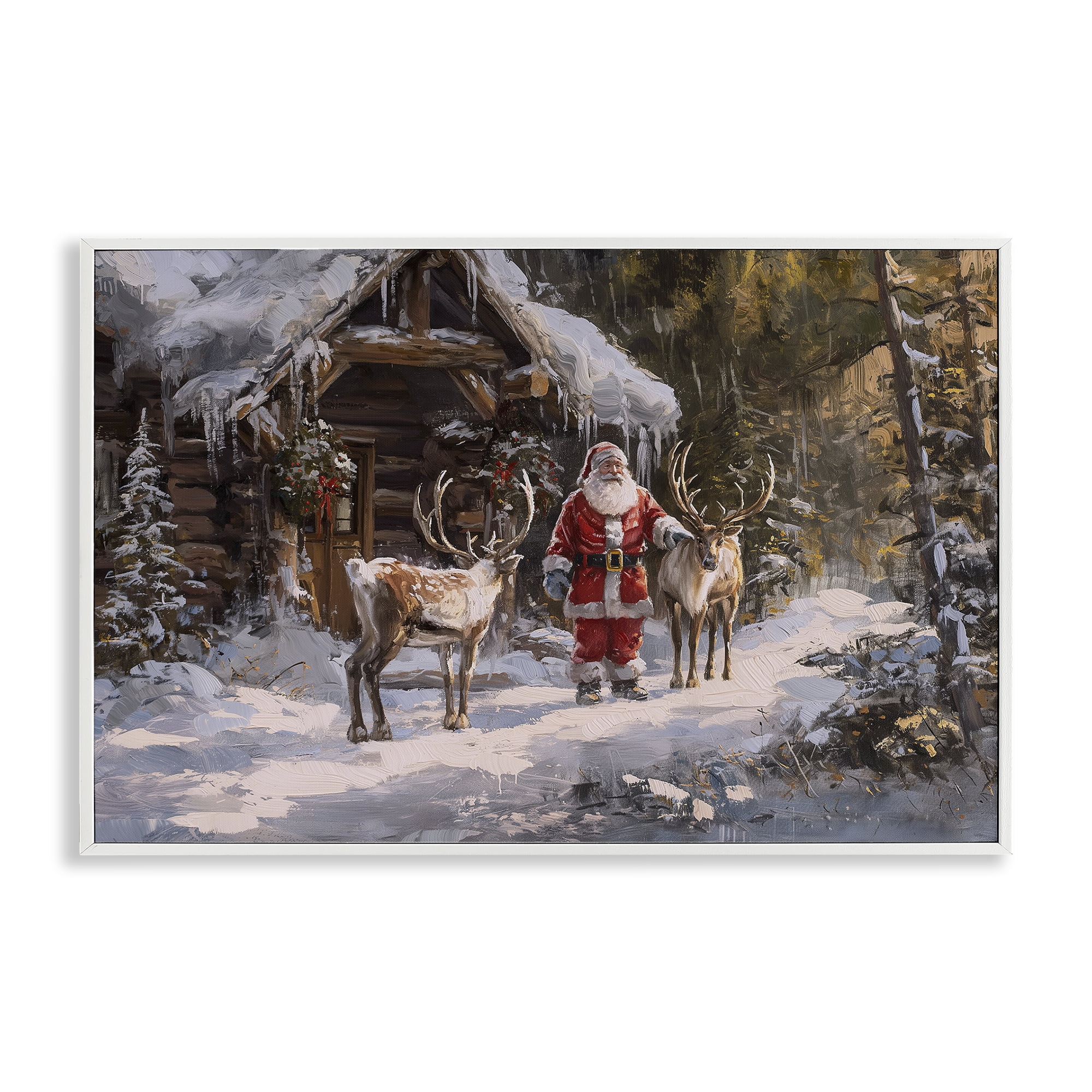 Stupell Industries Traditional Santa by Cabin Holiday Painting White Framed Art Prints Wall Art, 24 x 16