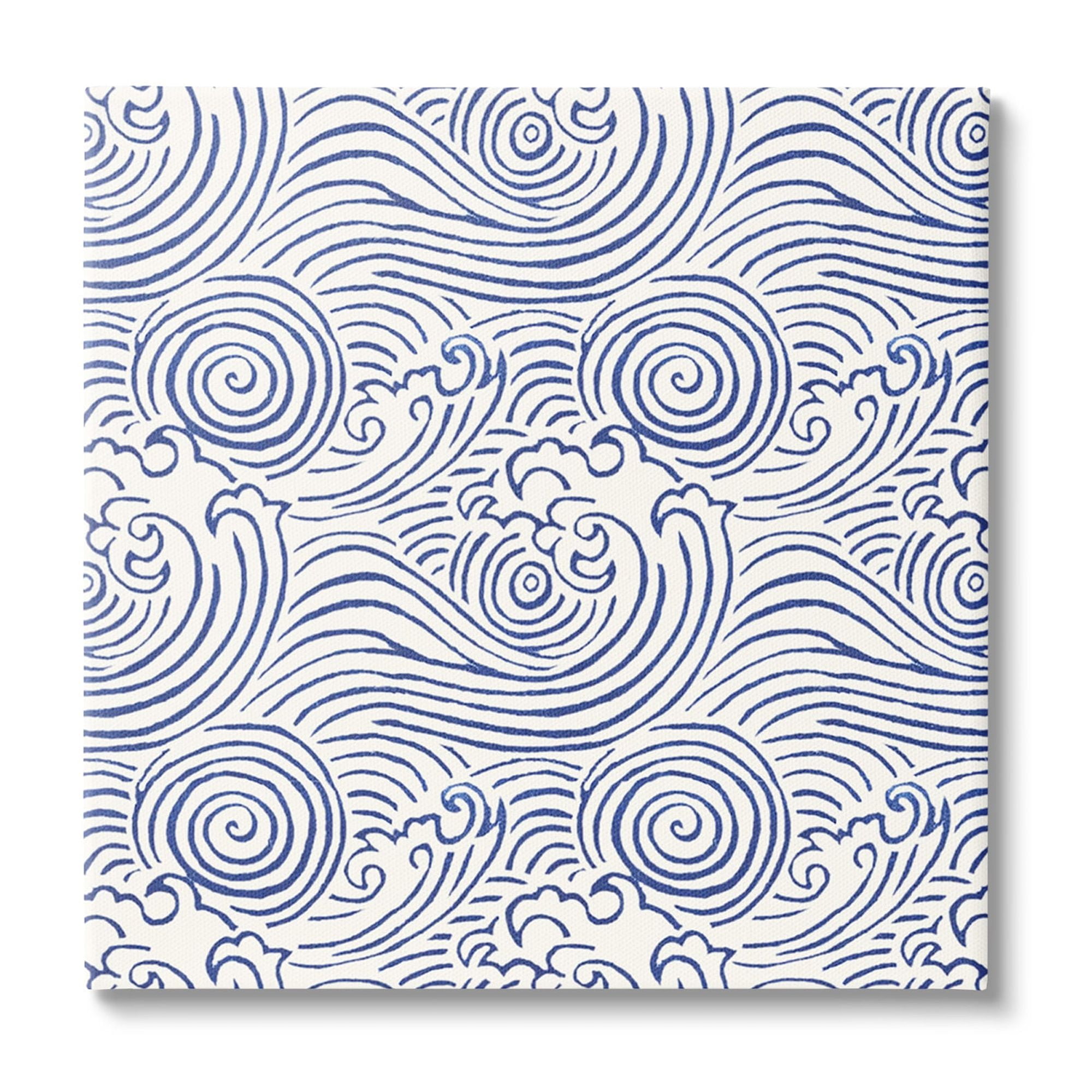Traditional Blue and White Sea Waves Pattern Canvas Wall Art, 30 x 30